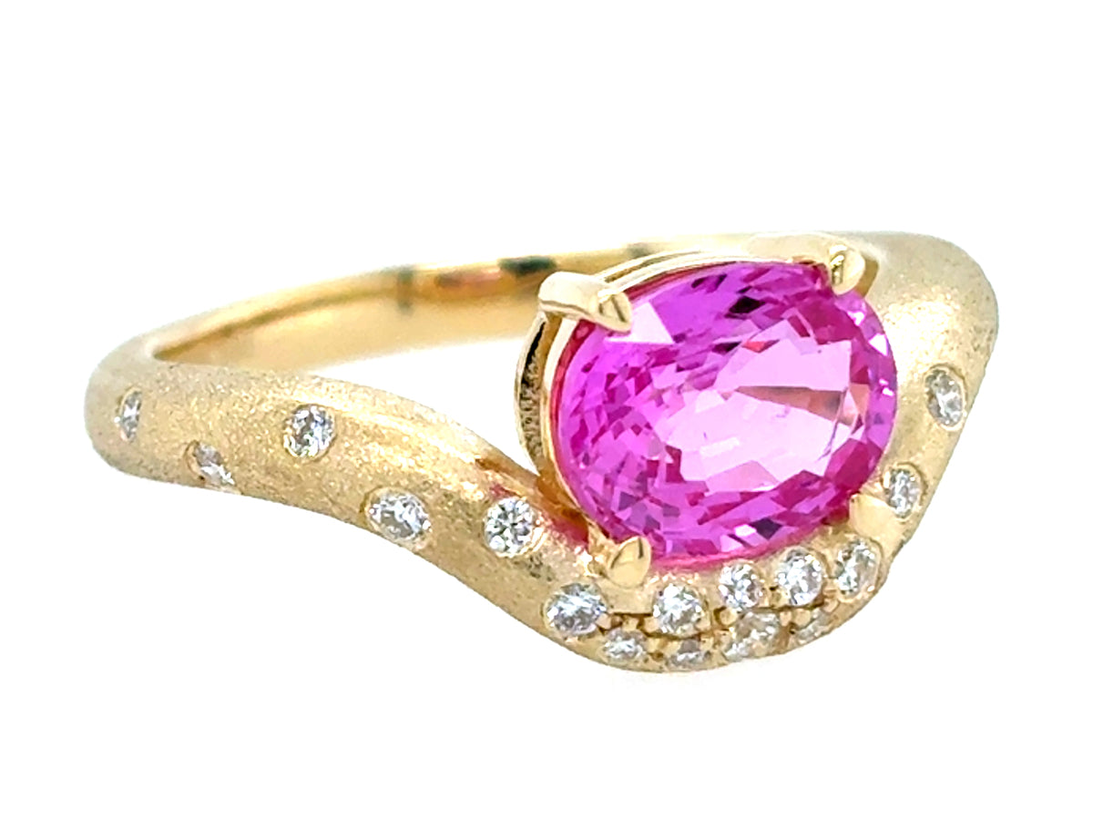 Pink Sapphire Oval Diamond Flush Set Contour Ring, Satin Finish