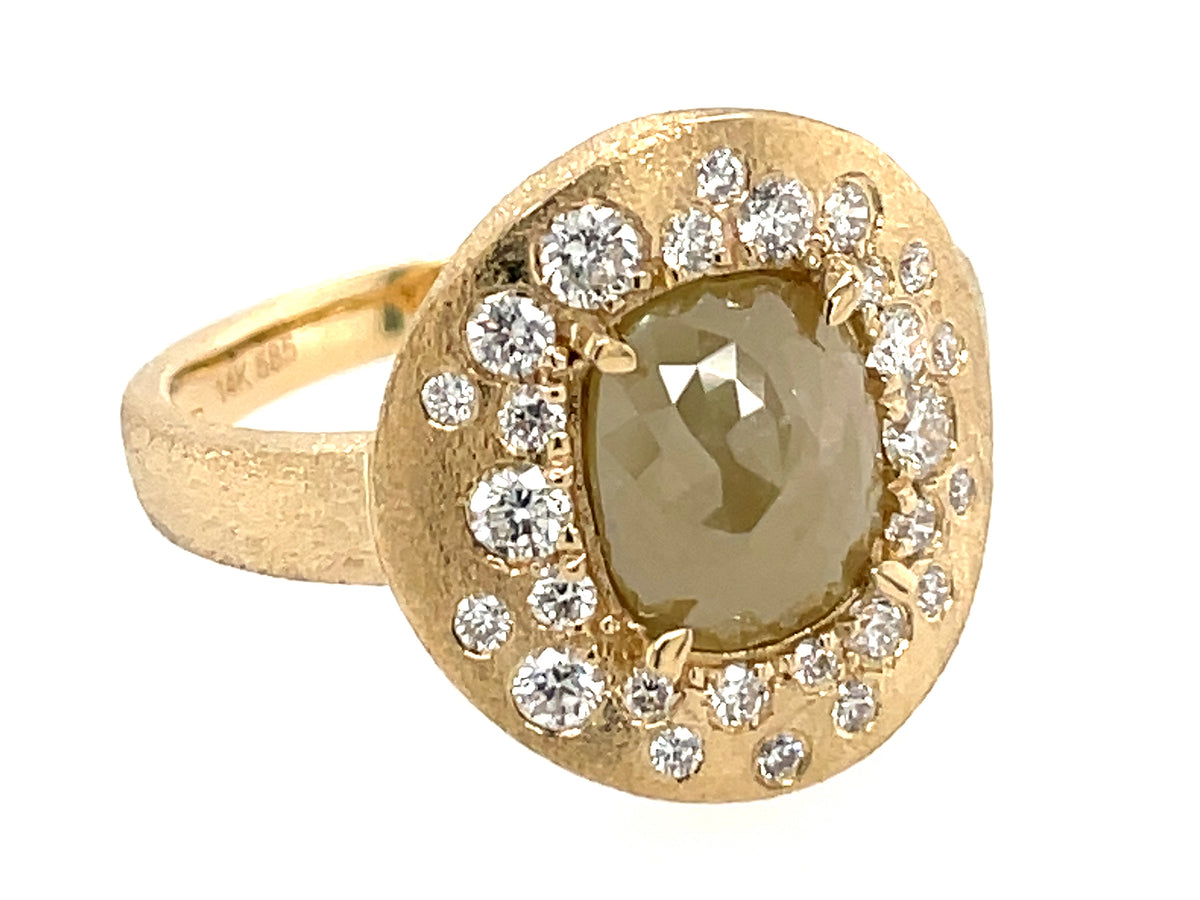 FANCY COLOR DIAMOND CENTER FLUSH SET DISC RING, SATIN FINISH