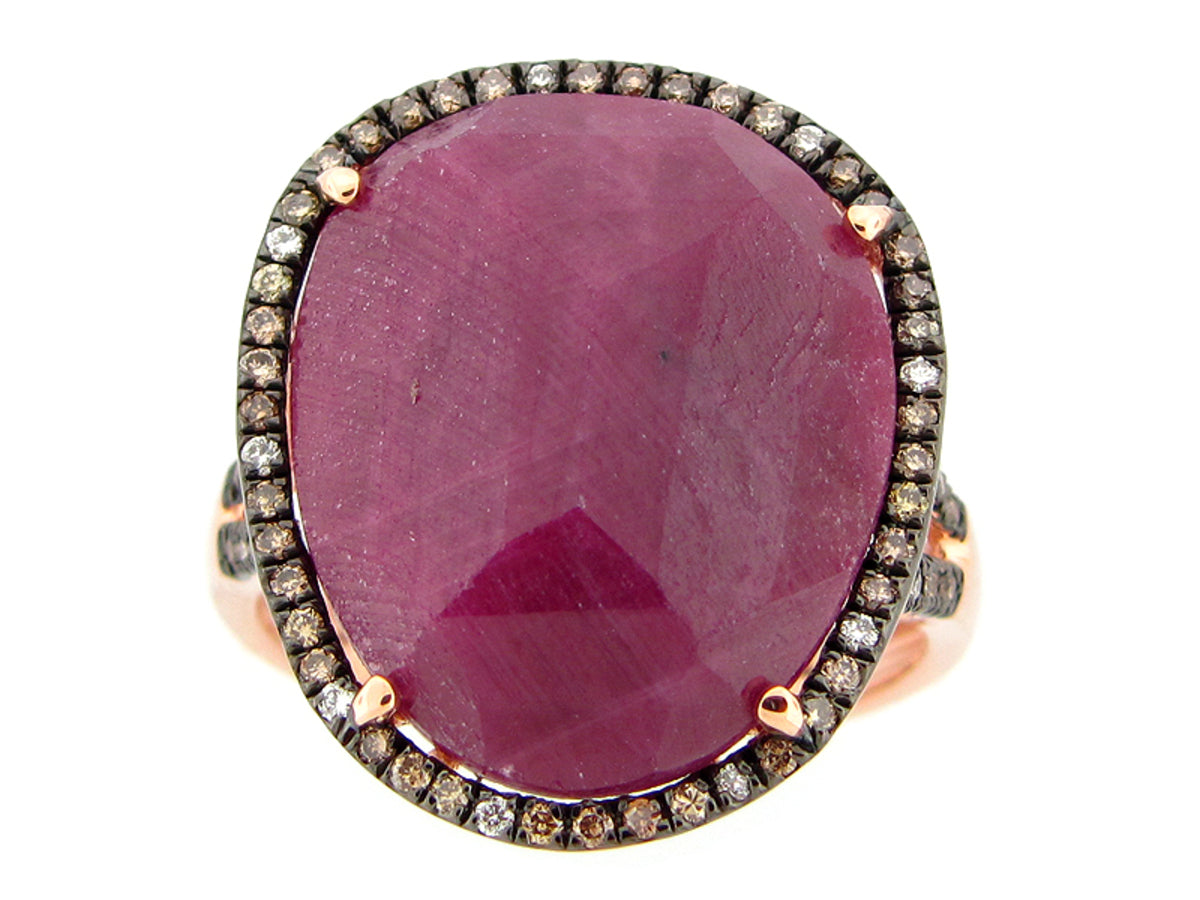 ROSE CUT RUBY, BROWN & WHITE DIAMOND RING