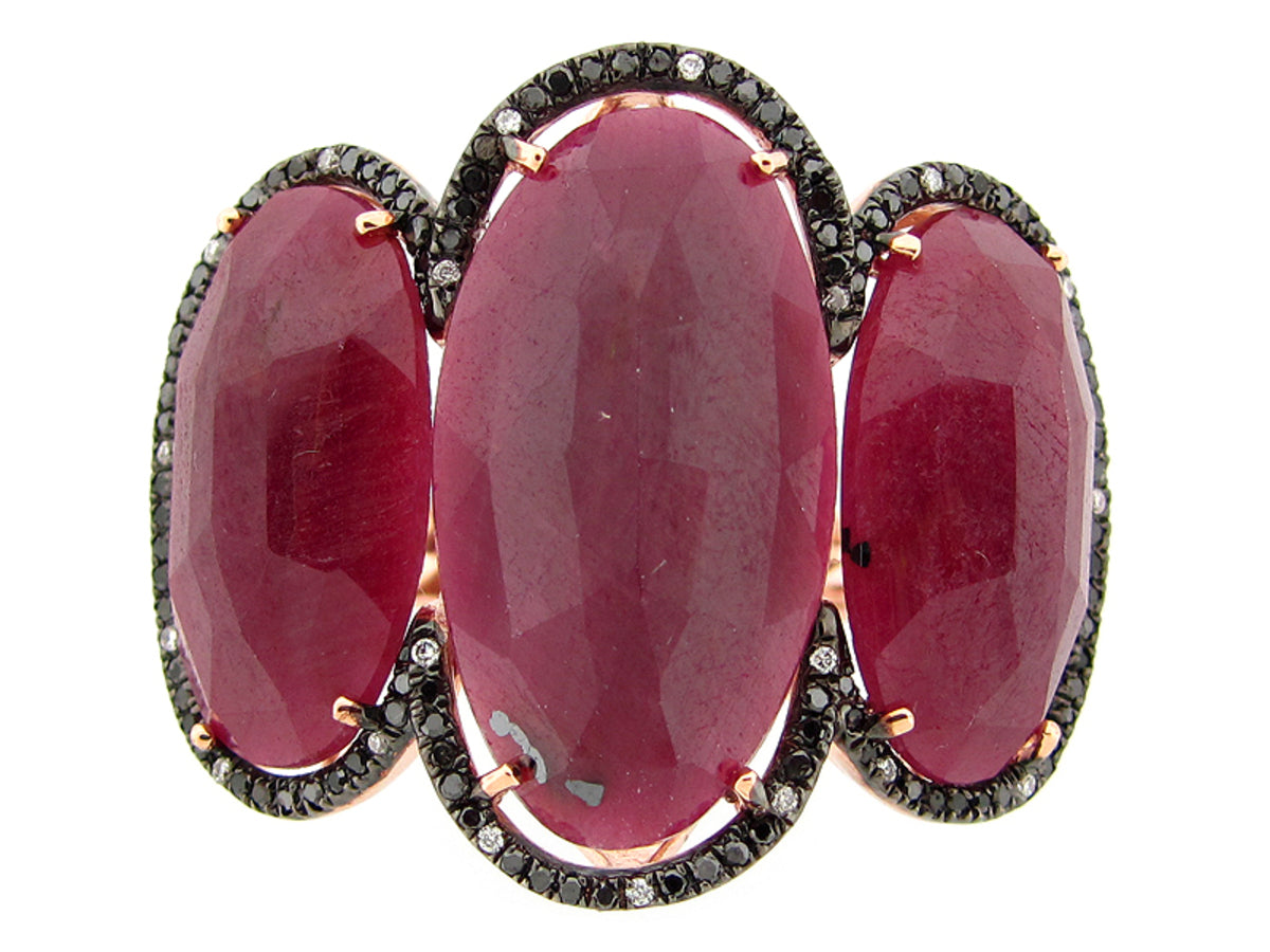 ROSE CUT RUBY, BLACK & WHITE DIAMOND RING