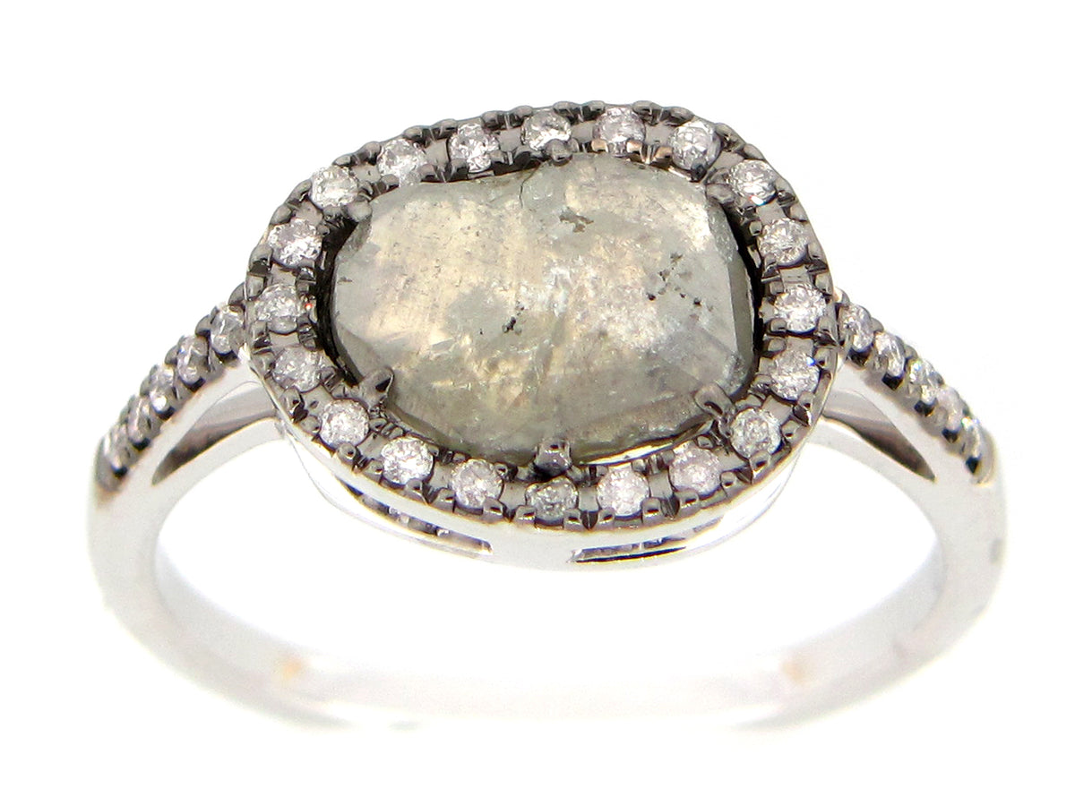 ROSE CUT SLICE GRAY DIAMOND RING, 18KW (N)