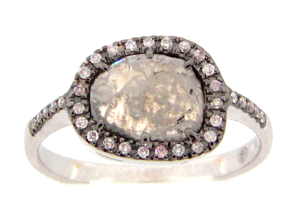ROSE CUT SLICE GREY DIAMOND RING, 18KW (N)