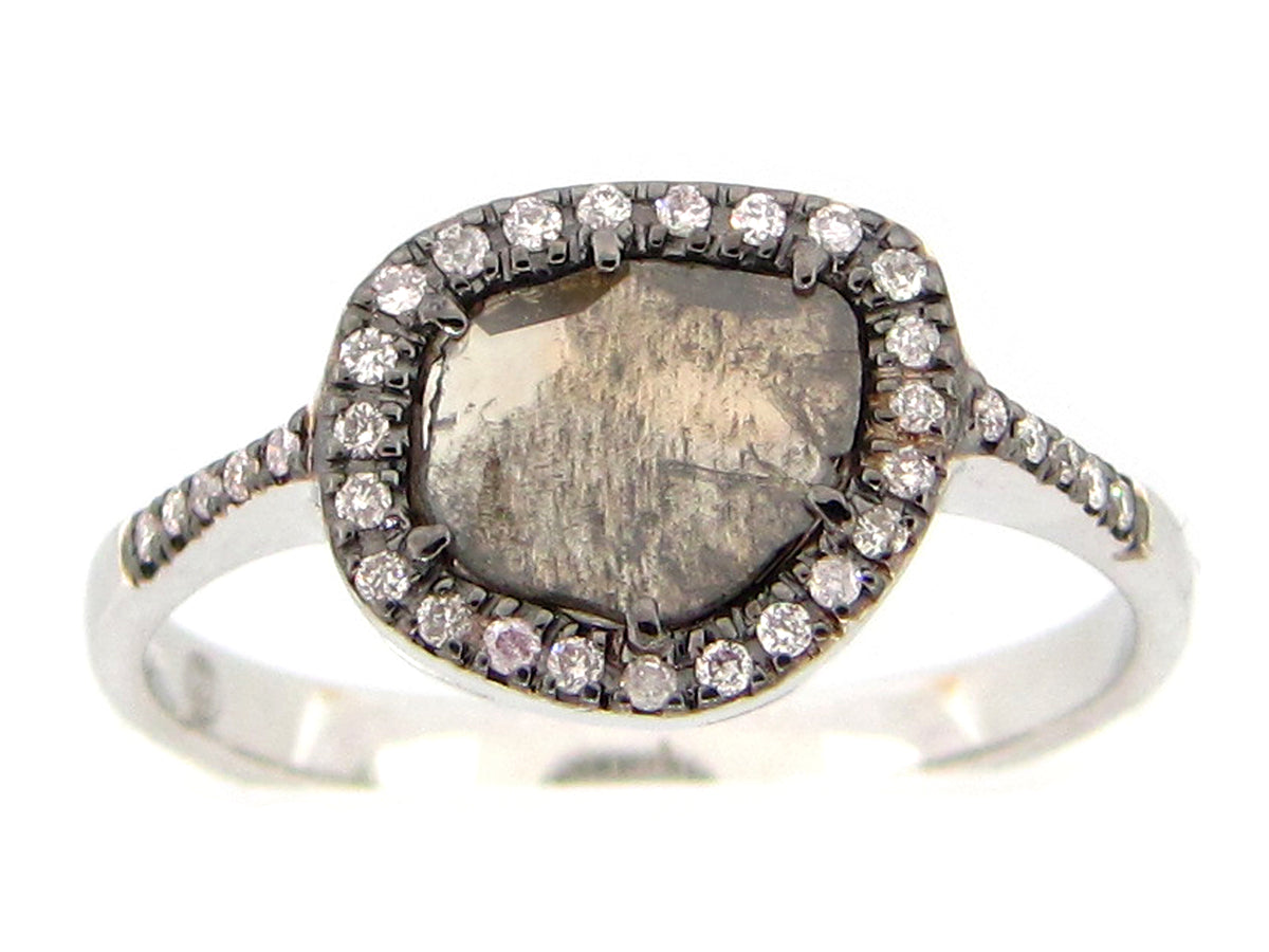 ROSE CUT SLICE GREY DIAMOND RING, 18KW (N)