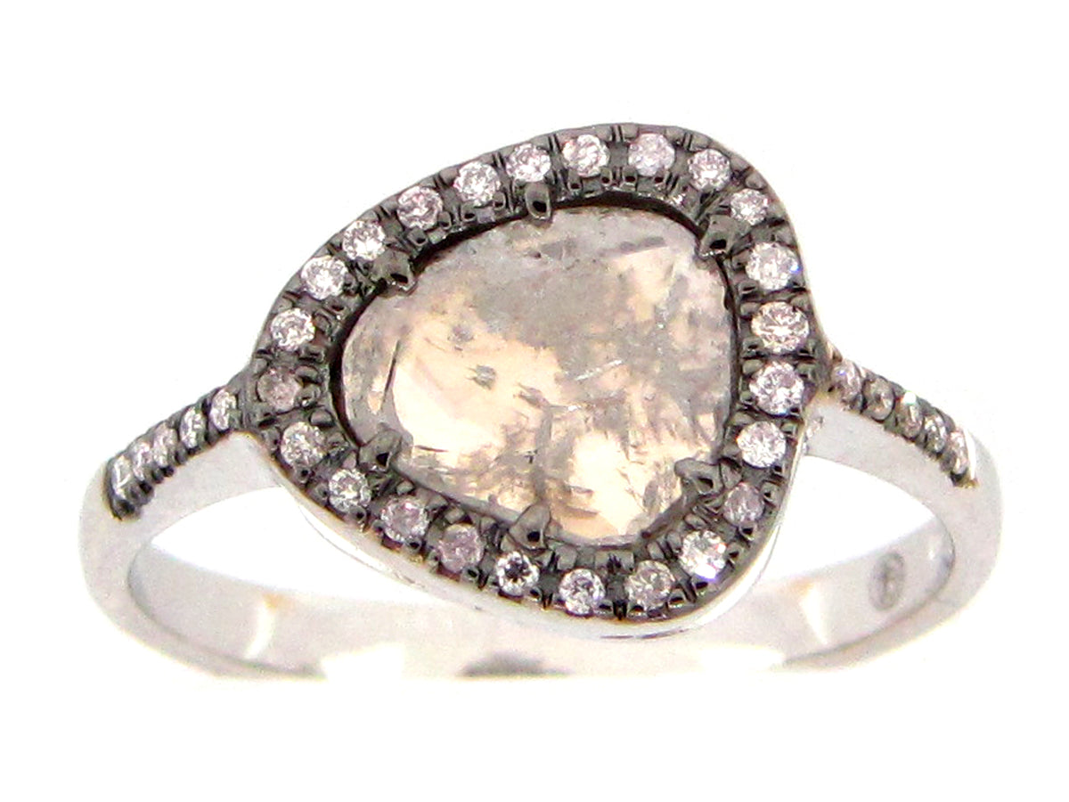 ROSE CUT SLICE GREY DIAMOND RING, 18KW (N)
