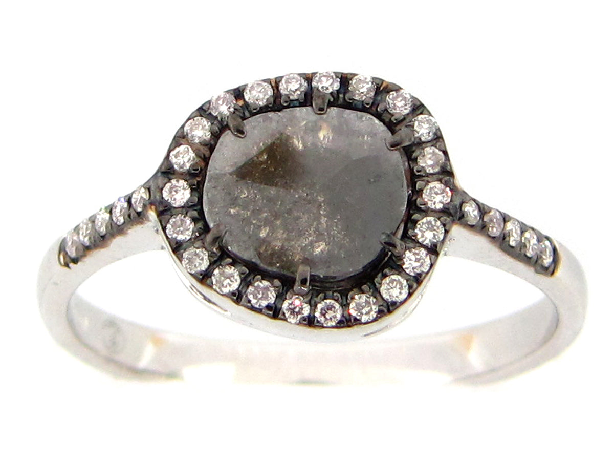 ROSE CUT SLICE BLACK DIAMOND RING, 18KW (N)