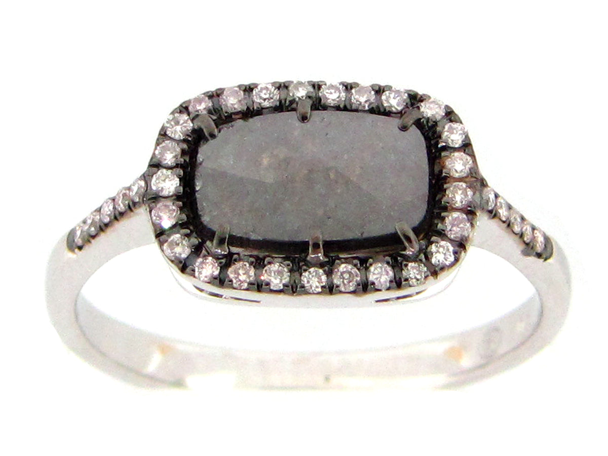 ROSE CUT SLICE BLACK DIAMOND RING, 18KW (N)