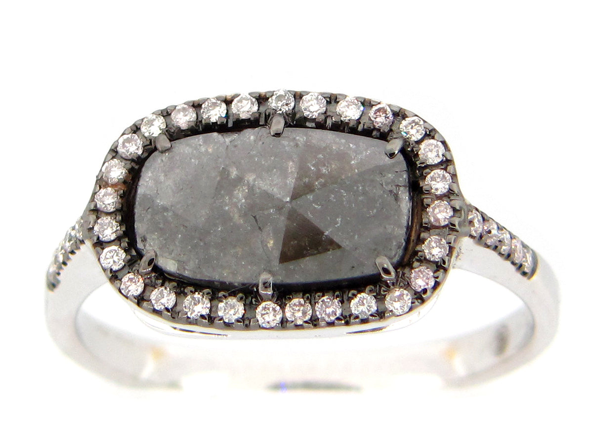 ROSE CUT SLICE BLACK DIAMOND RING, 18KW (N)