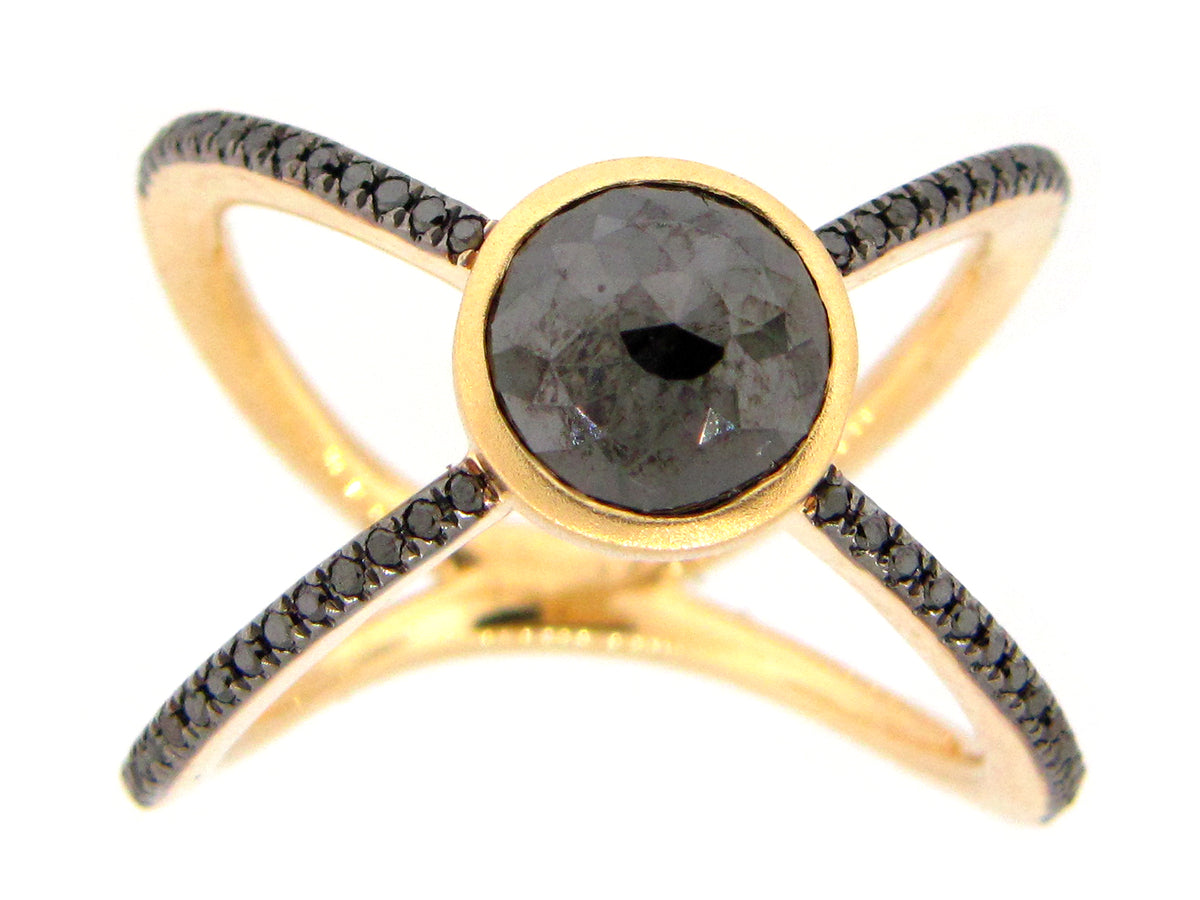 ROSE CUT BLACK DIAMOND BEZEL CENTER ROUND X RING, 18KY (R)