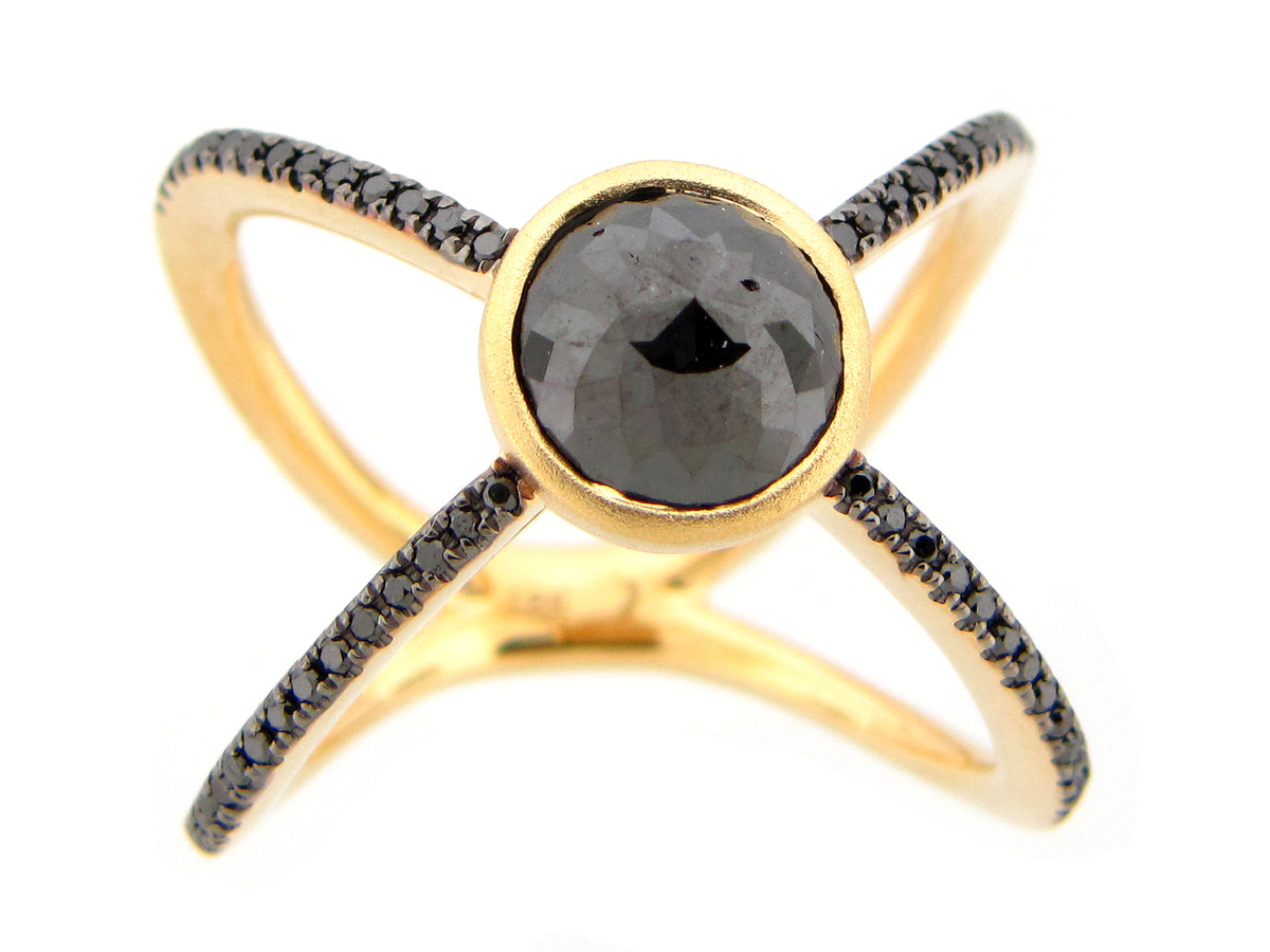 ROSE CUT BLACK DIAMOND BEZEL CENTER ROUND X RING, 18KY (R)
