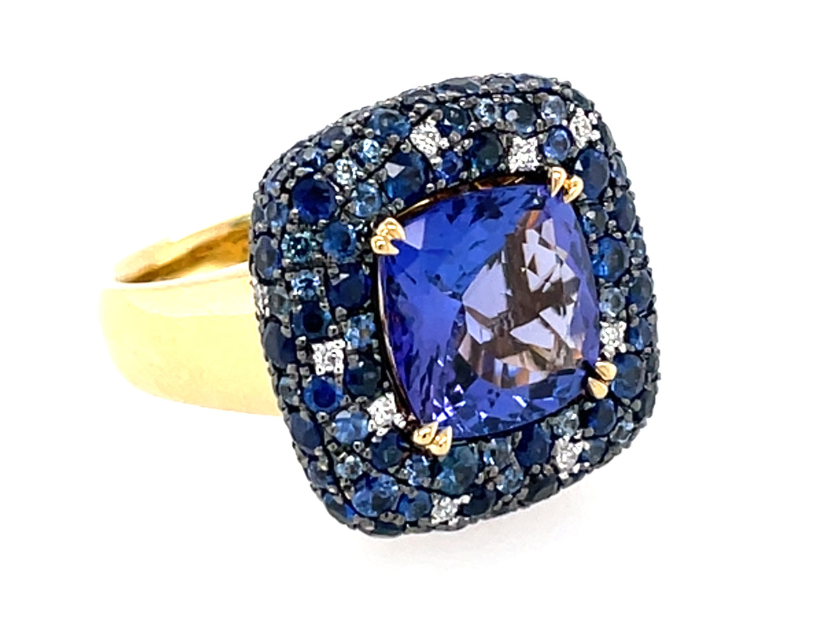 Tanzanite Custion Center, Sapphire Diamond Pave Halo Ring