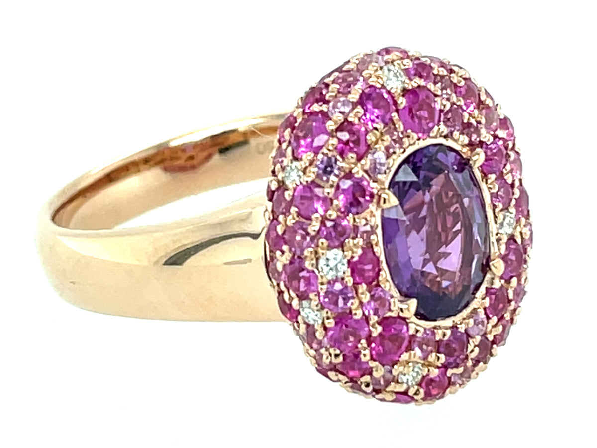 Purple Sapphire Oval Center. Pink Sapphire Diamond Pave Halo Ring