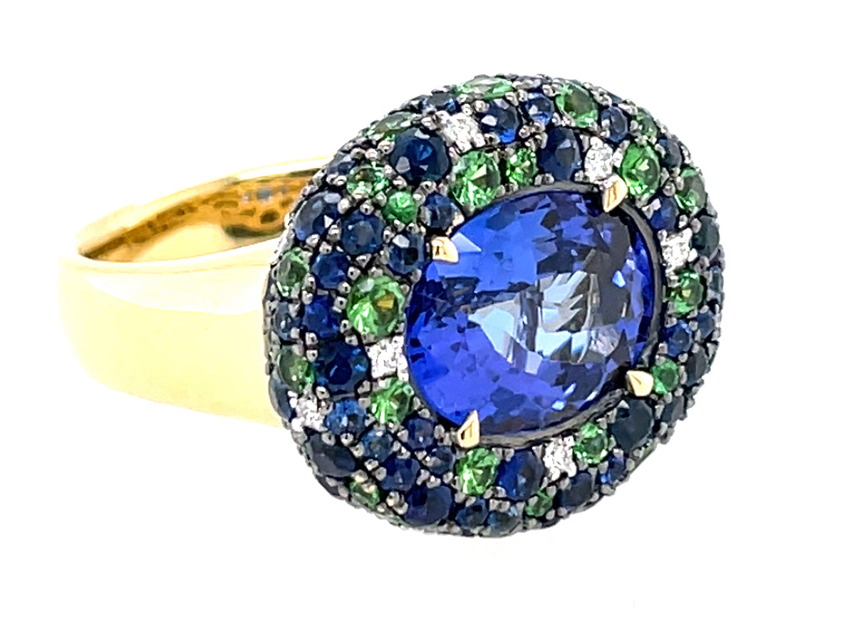 Tanzanite Oval Center, Sapphire, Tsavorite Diamond Pave Halo Ring