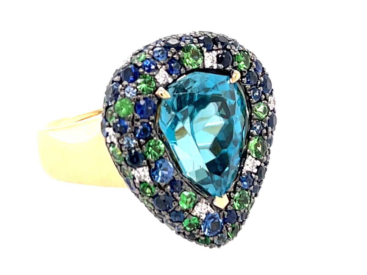 Blue Zircon Pear Center, Sapphire Tsavorite Pave Halo Ring