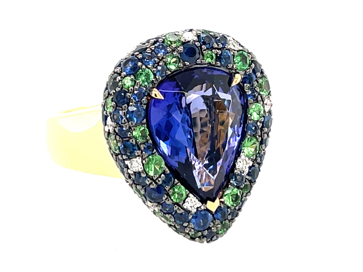 Tanzanite Pear Center, Sapphire, Tsavorite Diamond Pave Halo Ring