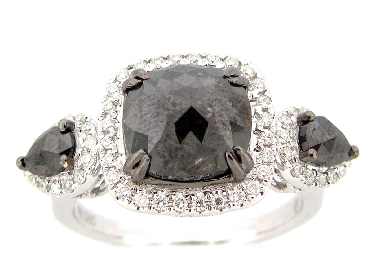 ROSE CUT BLACK & WHITE DIAMOND RING, 14KW (R)
