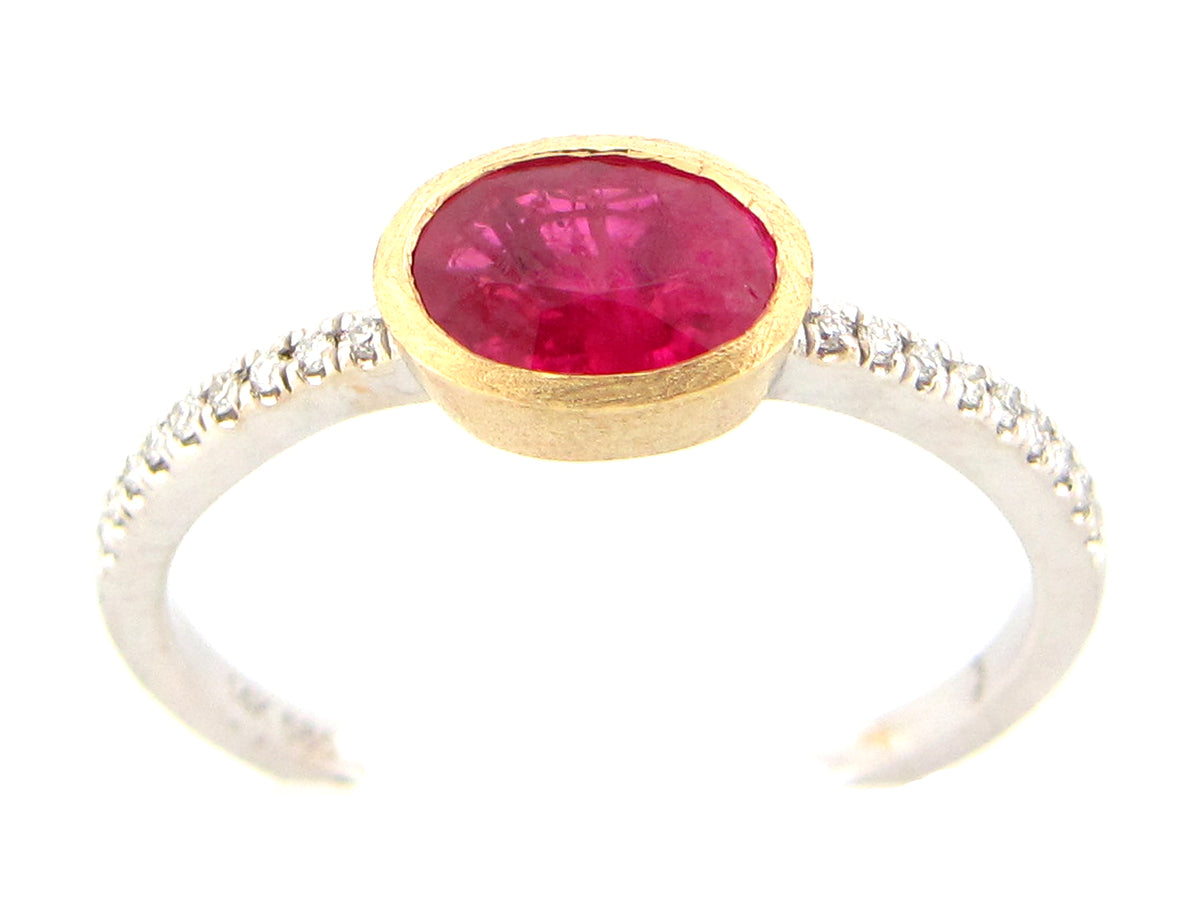 RUBY OVAL & DIAMOND RING, SATIN BEZEL, 14KWY (H)
