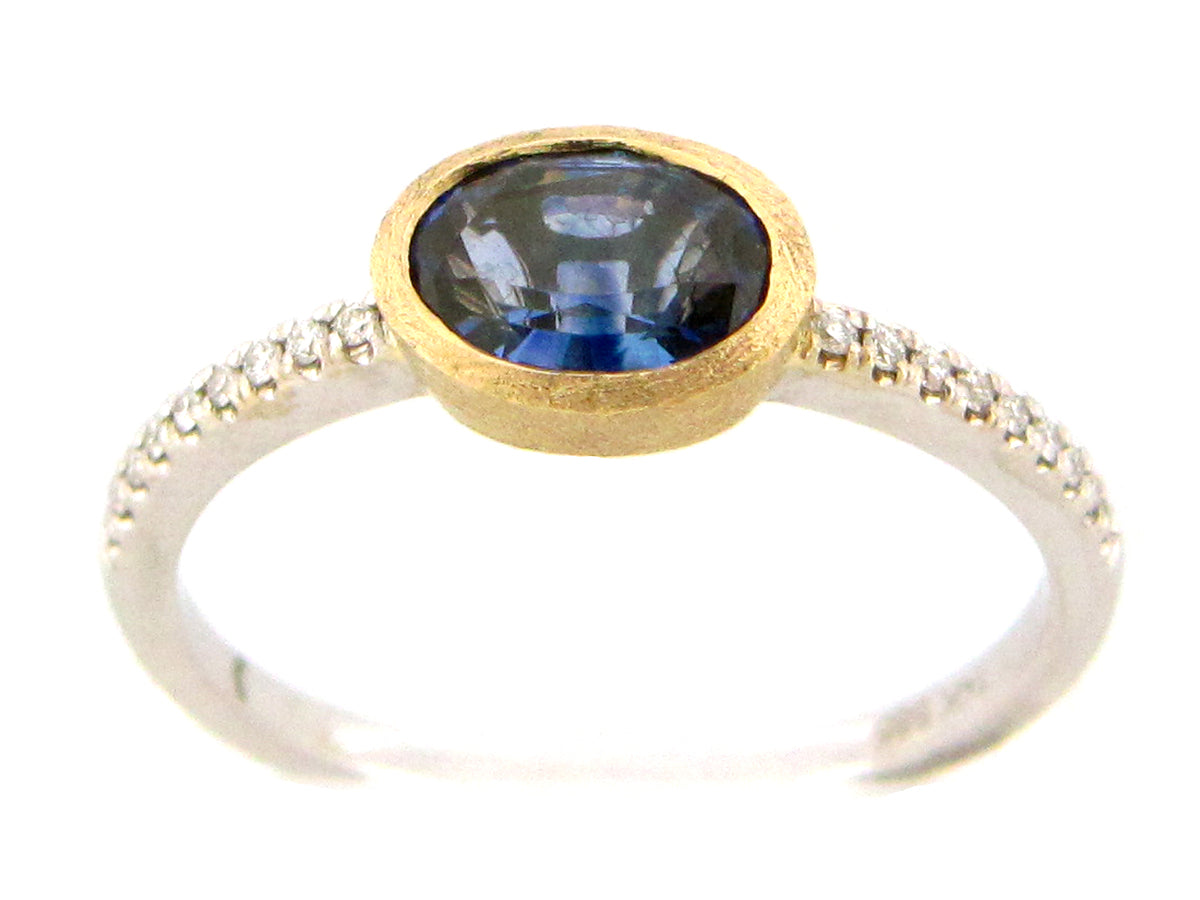 SAPPHIRE OVAL & DIAMOND RING, SATN BEZEL, 14KWY (H)