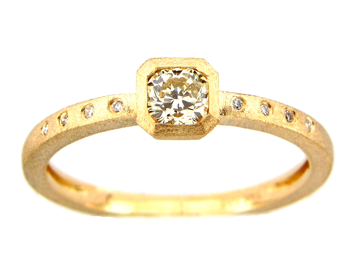 FANCY LIGHT YELLOW DIAMOND CUSHION RING, SATIN FINISH, 14KY (N)