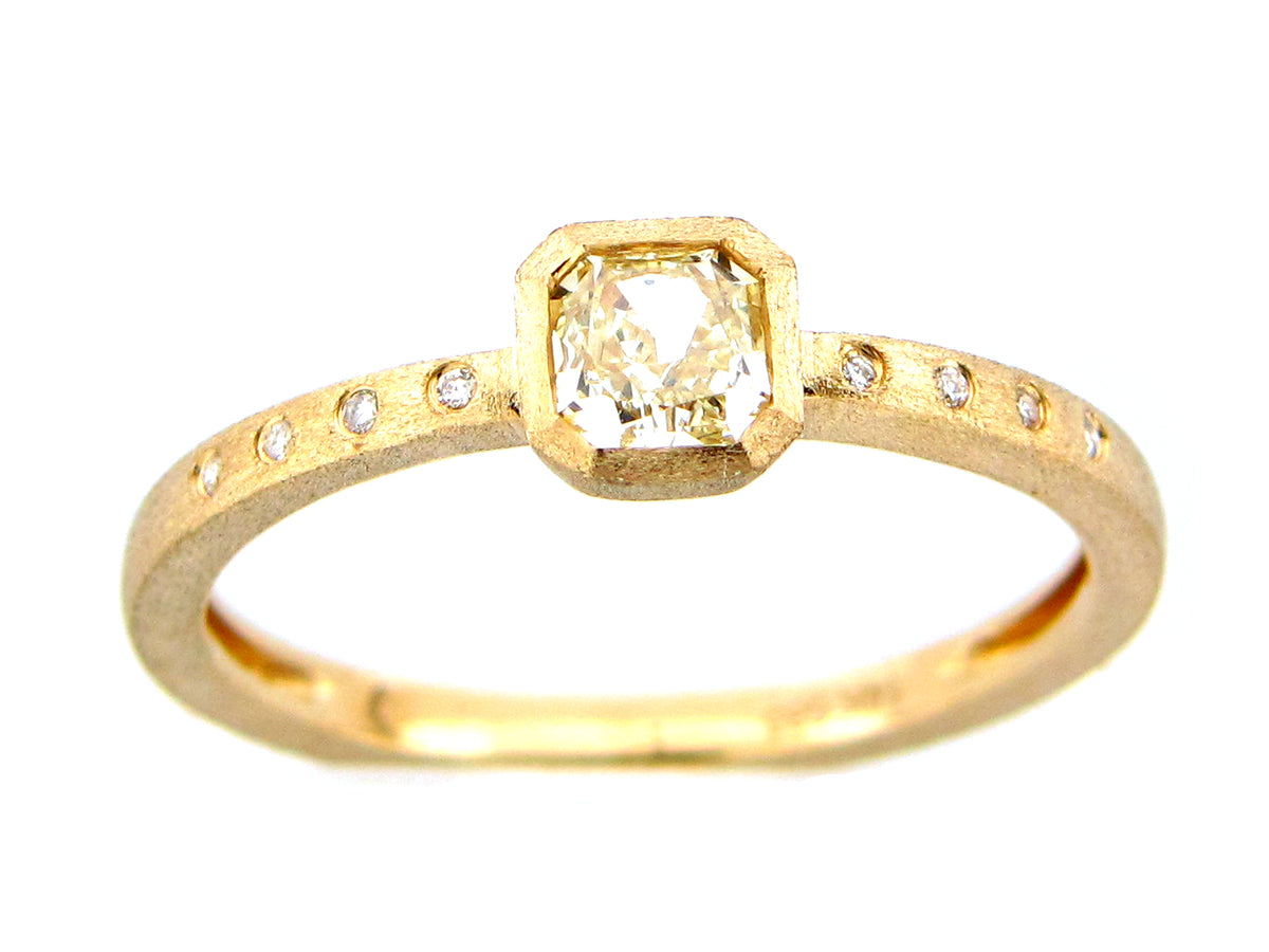 FANCY LIGHT YELLOW DIAMOND CUSHION RING, SATIN FINISH,14KY (N)