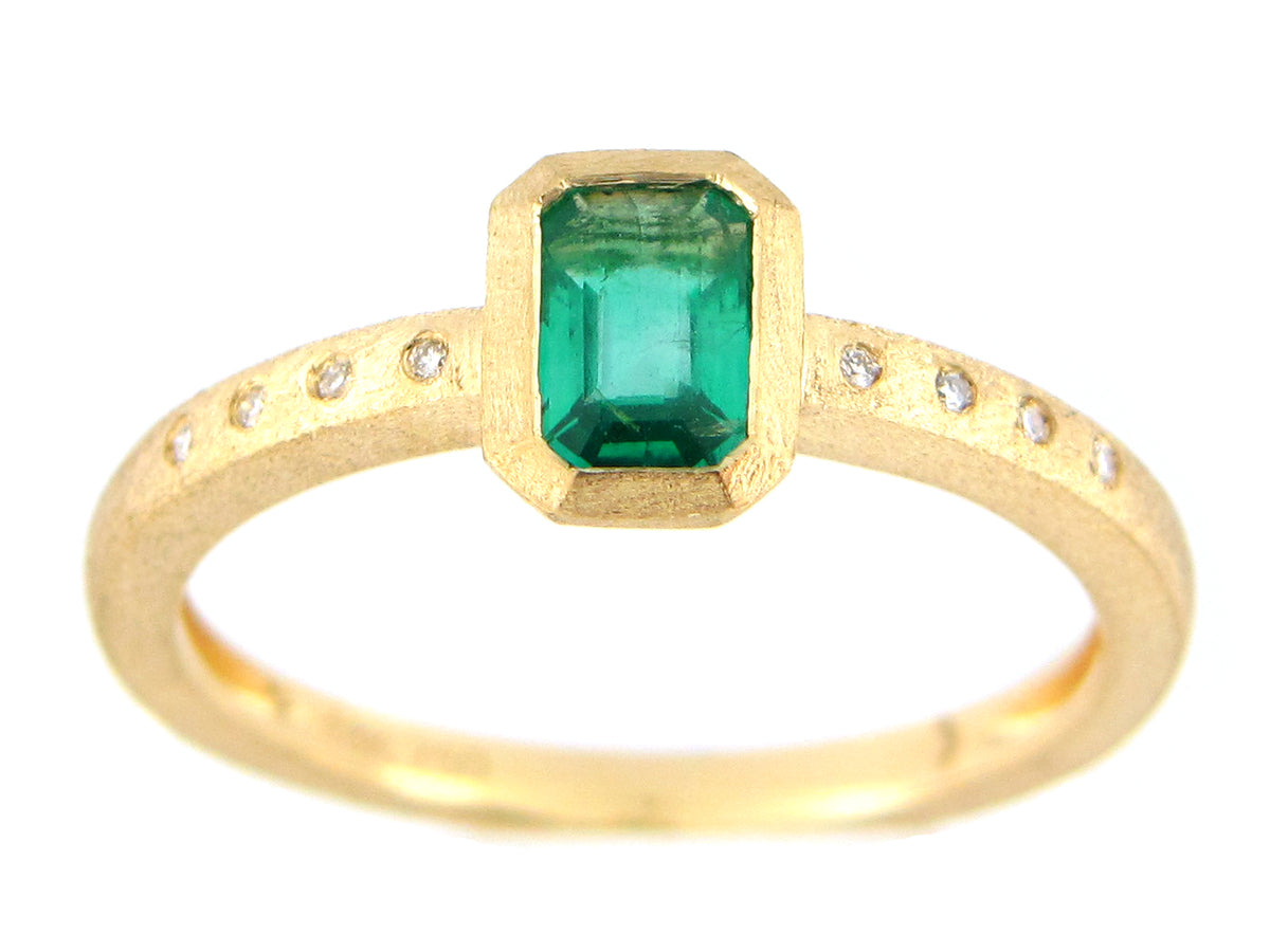 Emerald Cut Emerald Diamond Bezel Ring, Satin Finish, 18ky (O)