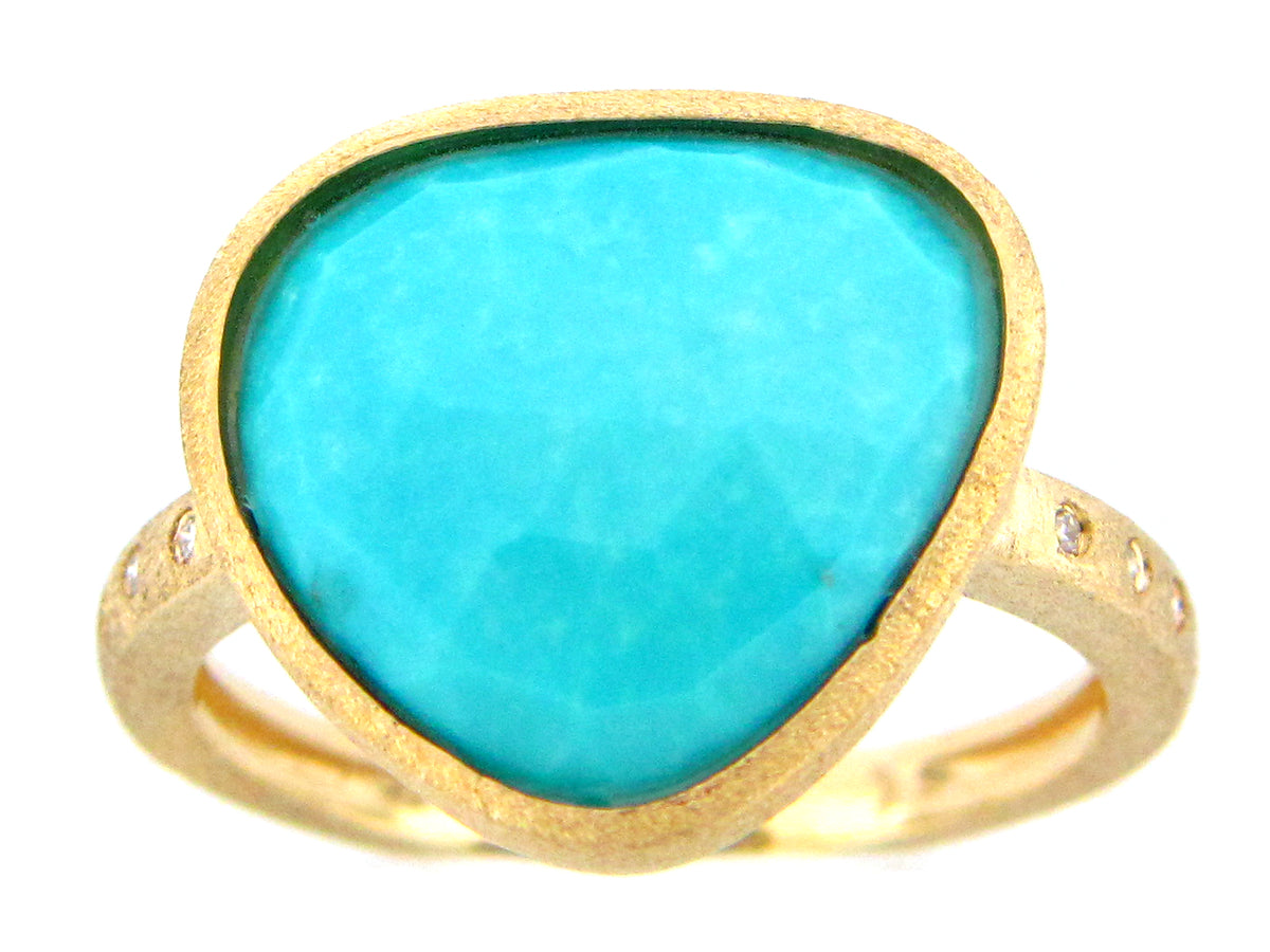 TURQUOISE & DIAMOND RING, SATIN FINISH, 18KY (H)