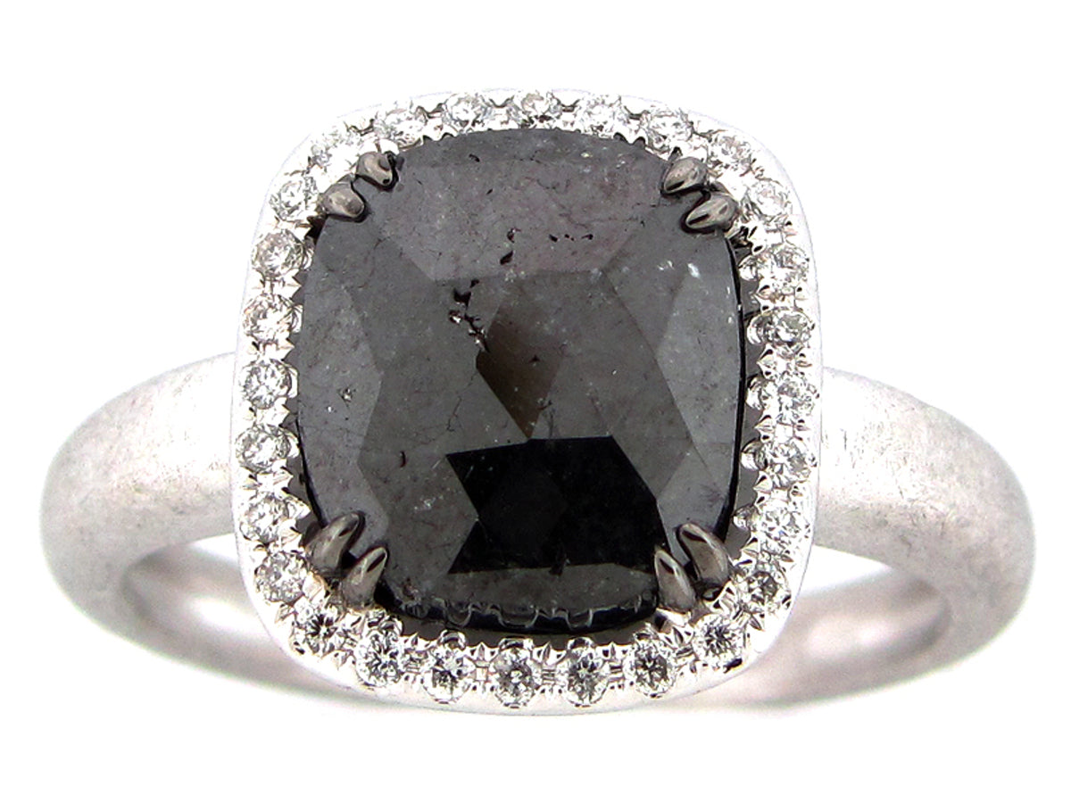 ROUGH ROSE CUT BLACK & WHITE DIAMOND RING, MATTE FINISH, 18KW (N)