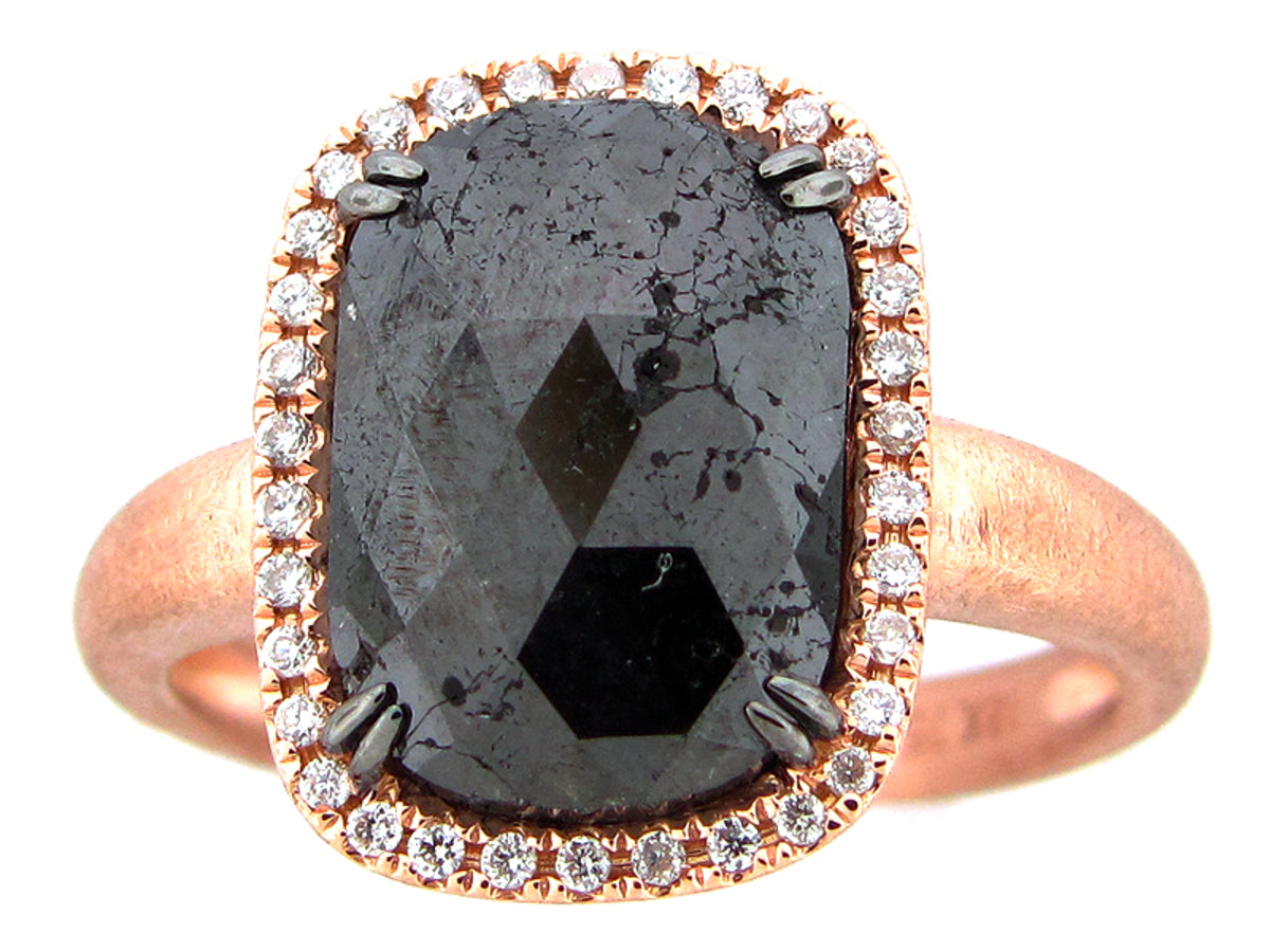 ROUGH ROSE CUT BLACK & WHITE DIAMOND RING, MATTE FINISH, 18KR (N)
