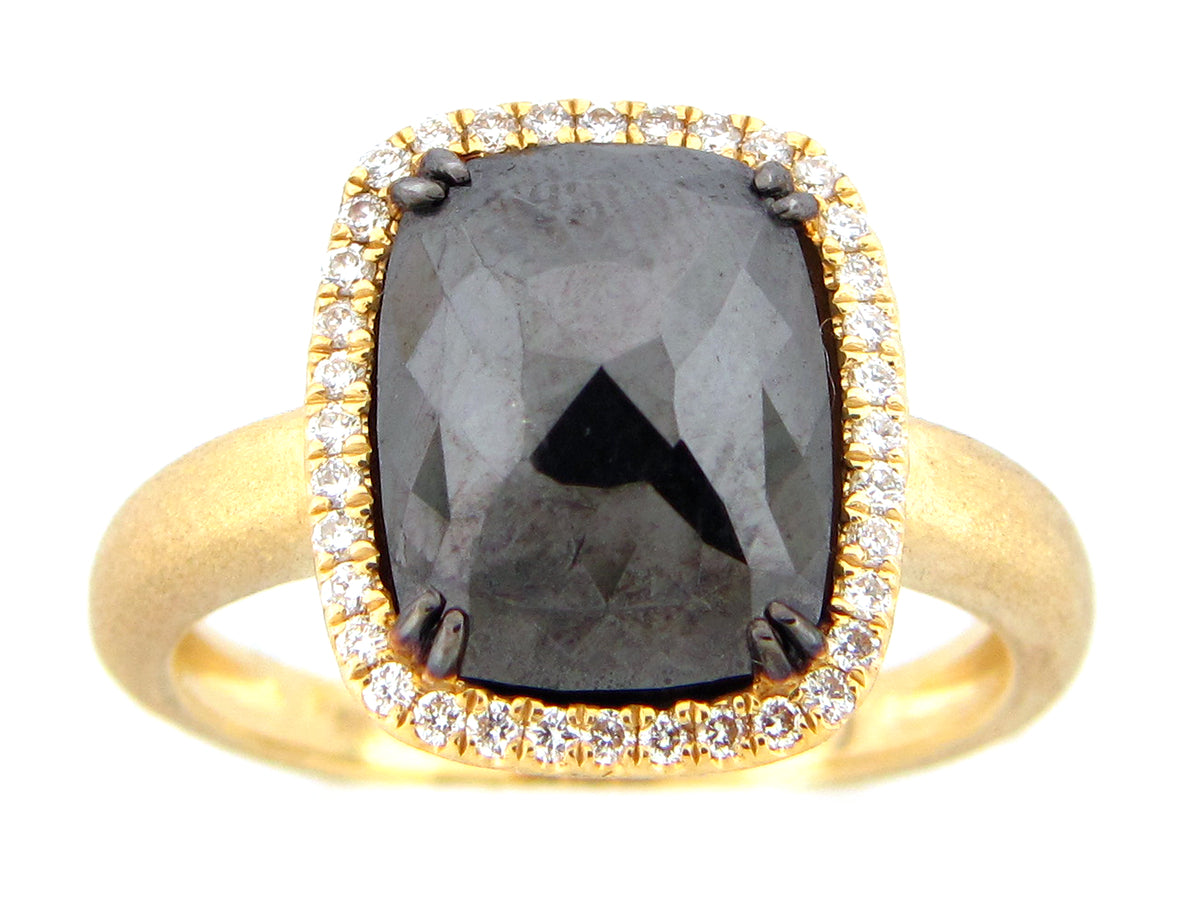ROSE CUT BLACK & WHITE DIAMOND RING, SATIN FINISH, 18KY (N)