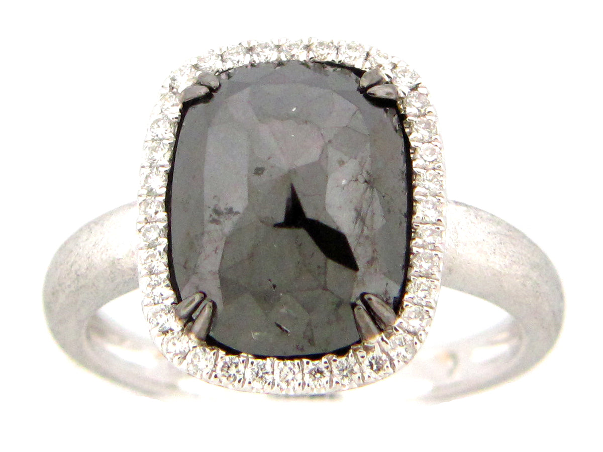 ROSE CUT BLACK & WHITE DIAMOND RING, SATIN FINISH, 18KW (H)