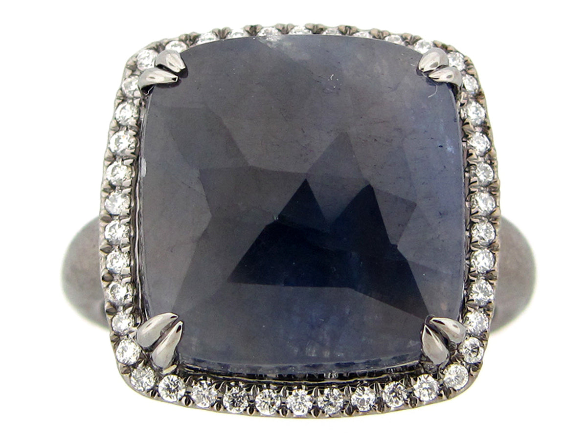 ROSE CUT SAPPHIRE & DIAMOND RING, MATTE BLACK FINISH, 18KW (N)