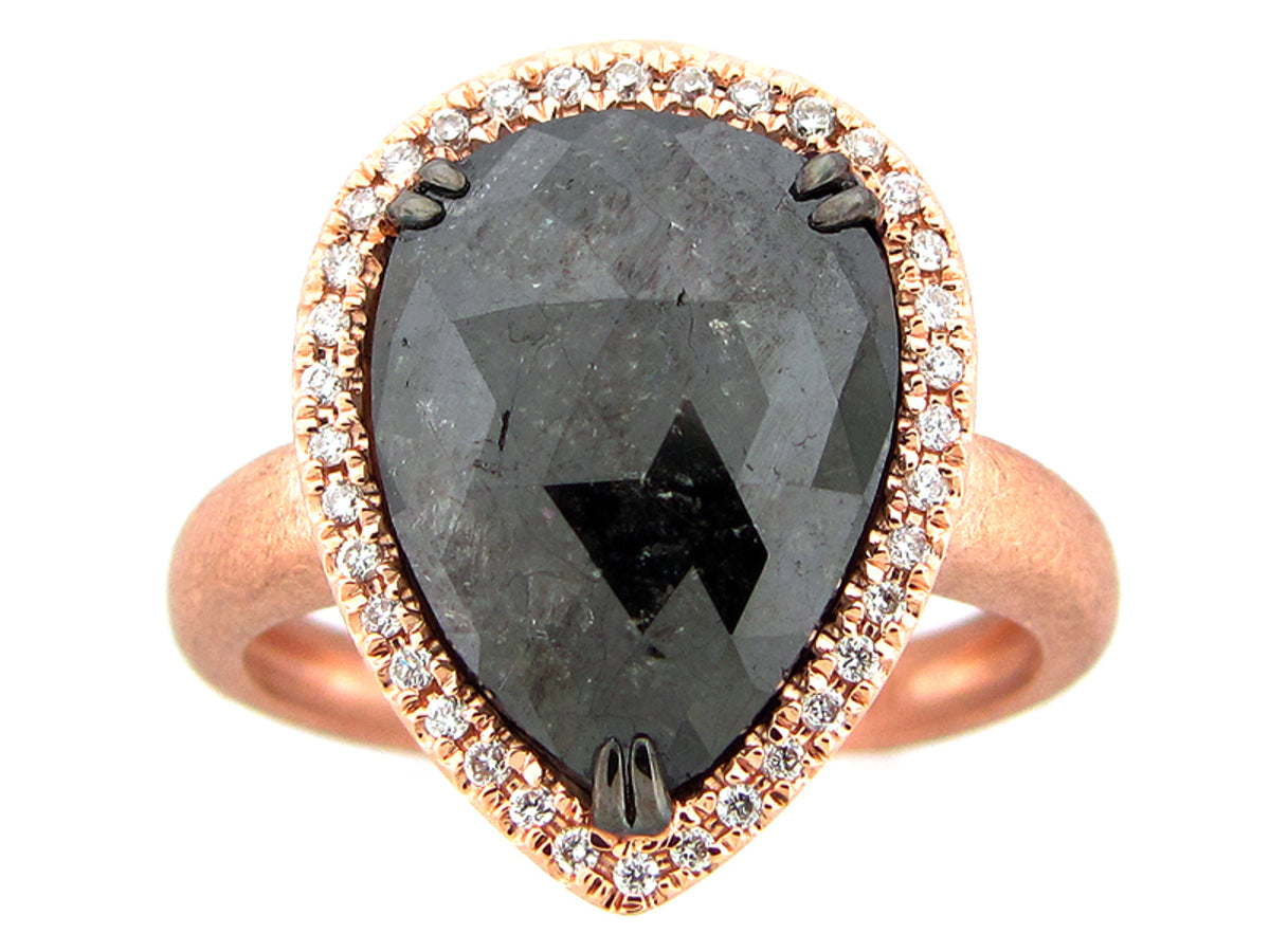 Rough Rose Cut Black White Diamond Ring, Matte Finish, 18kr (R)