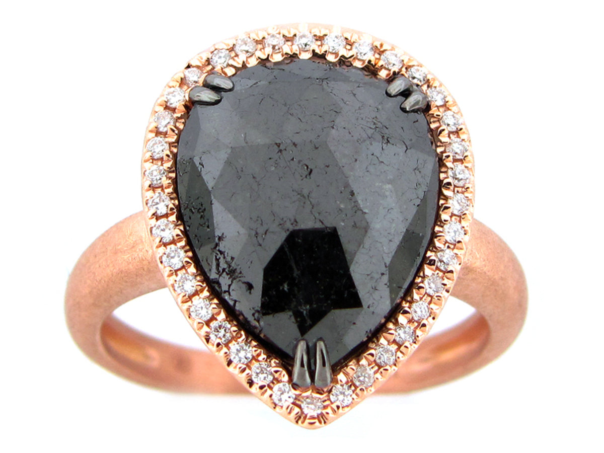Rough Rose Cut Black White Diamond Ring, Matte Finish, 18kr (R)
