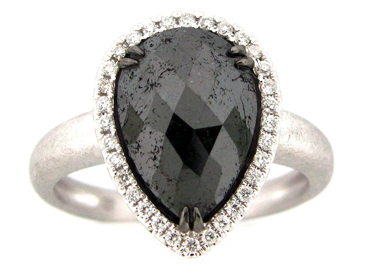 ROUGH ROSE CUT BLACK & WHITE DIAMOND RING, MATTE FINISH, 18KW (R)