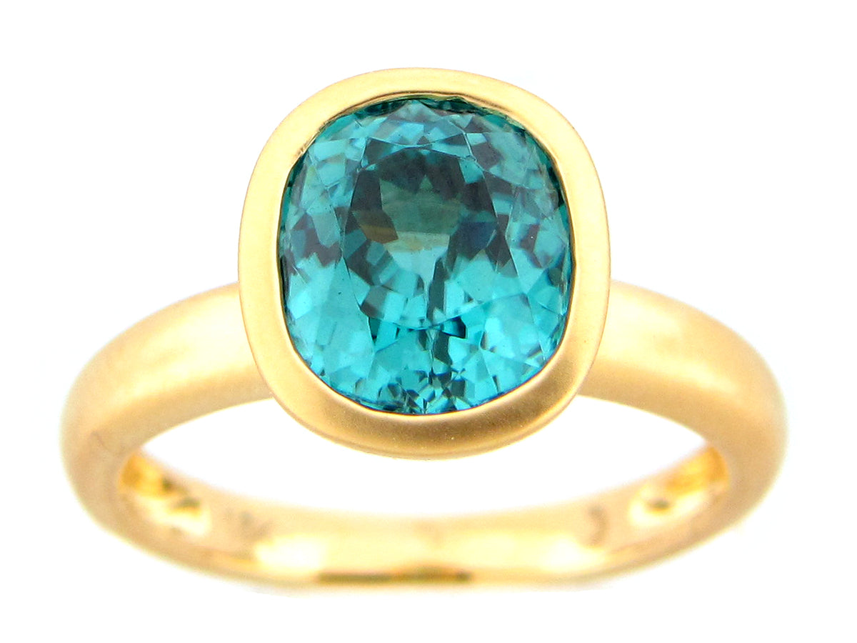 BLUE ZIRCON CUSHION BEZEL RING, SATIN FINISH, 18KY (H)
