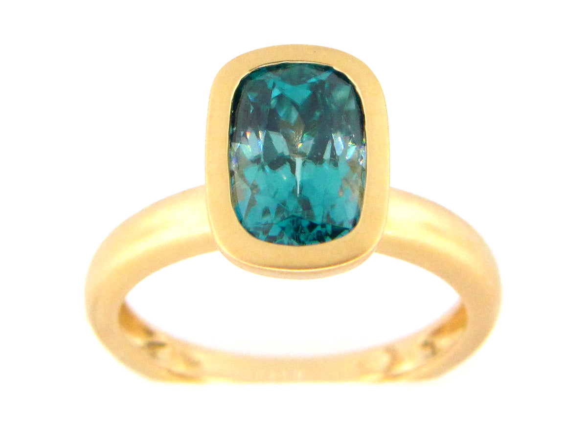 BLUE ZIRCON BEZEL RING, SATIN FINISH, 18KY (H)