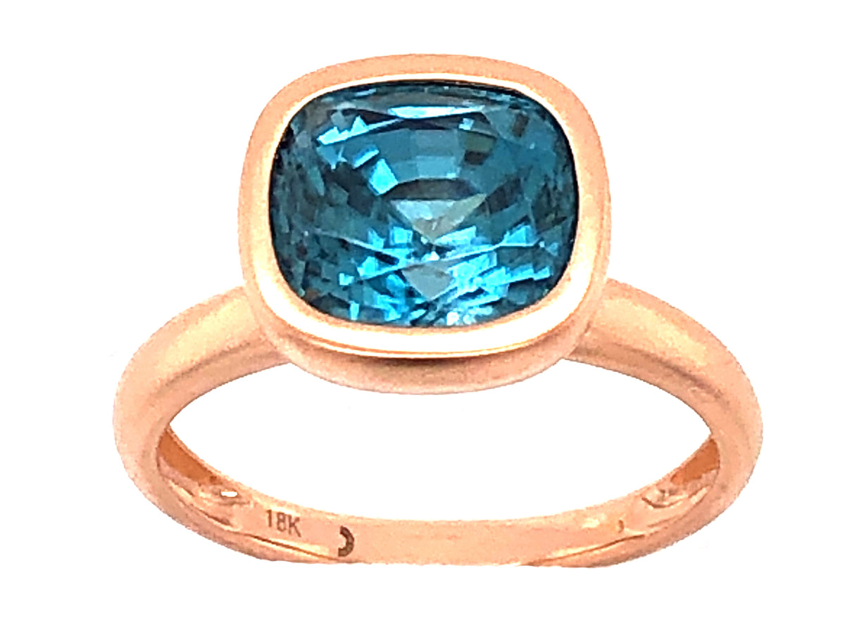 BLUE ZIRCON CUSHION BEZEL RING, SATIN FINISH, 18KR (H)