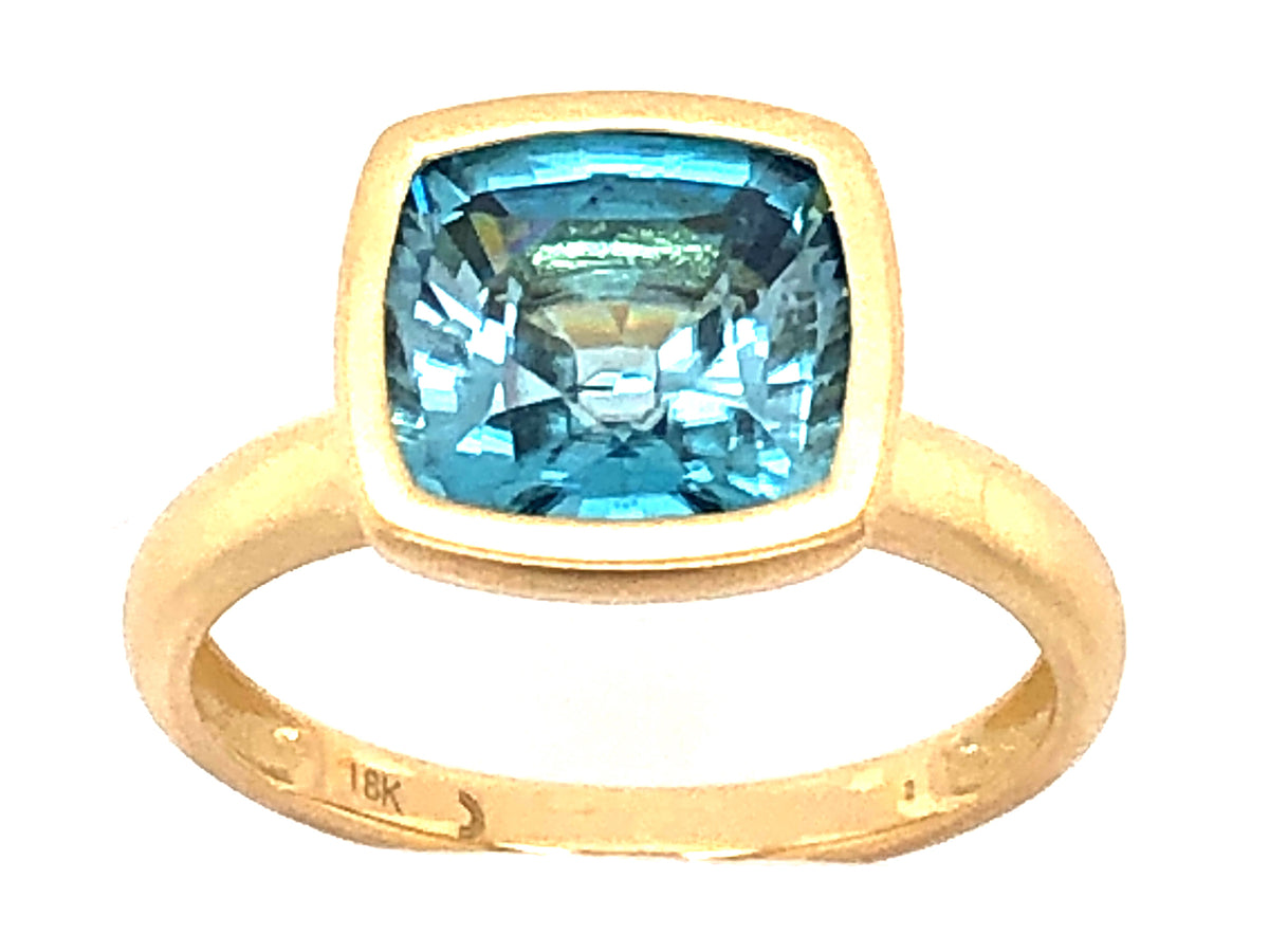 BLUE ZIRCON CUSHION BEZEL RING, SATIN FINISH, 18KY (H)