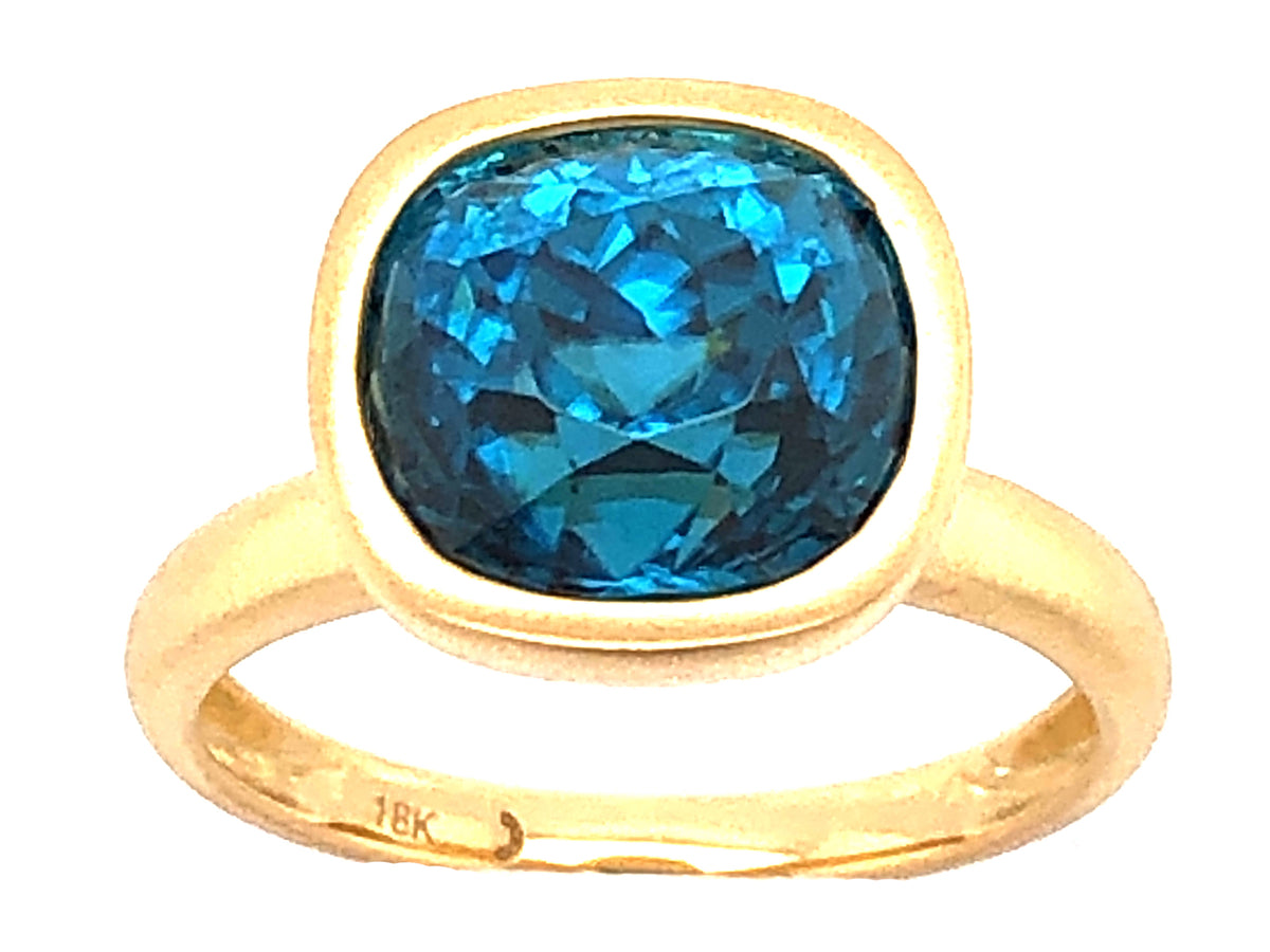 BLUE ZIRCON CUSHION BEZEL RING, SATIN FINISH, 18KY (H)