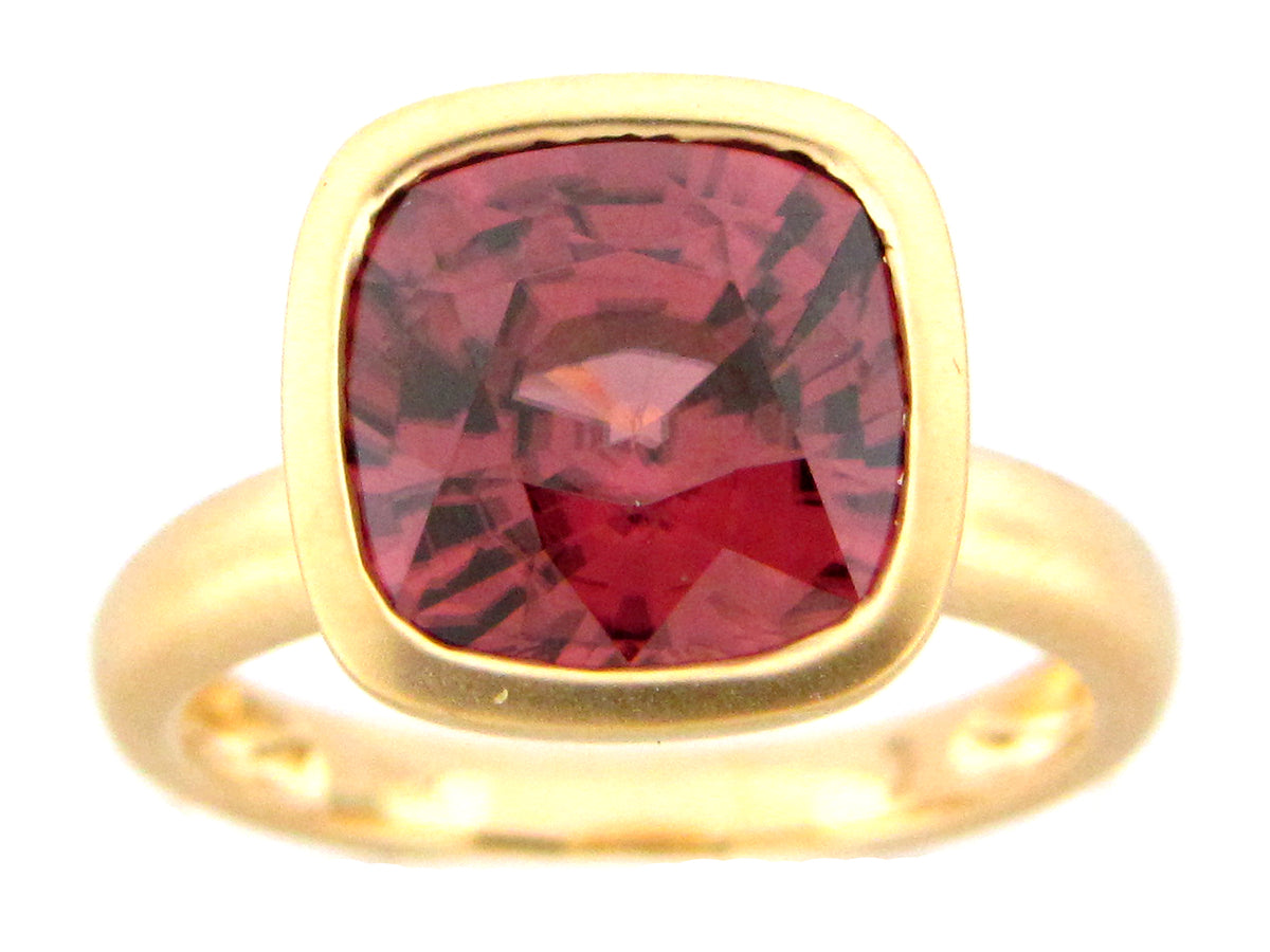 RED ZIRCON CUSHION BEZEL RING, SATIN FINISH, 18KY (H)