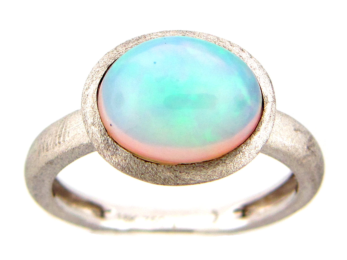 OPAL BEZEL RING, SATIN FINISH, 18KW (O)