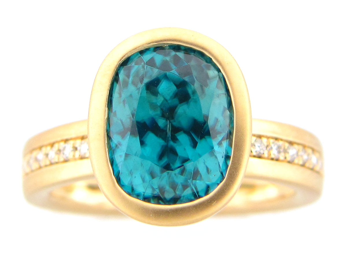 BLUE ZIRCON OVAL BEZEL & DIAMOND RING, SATIN FINISH