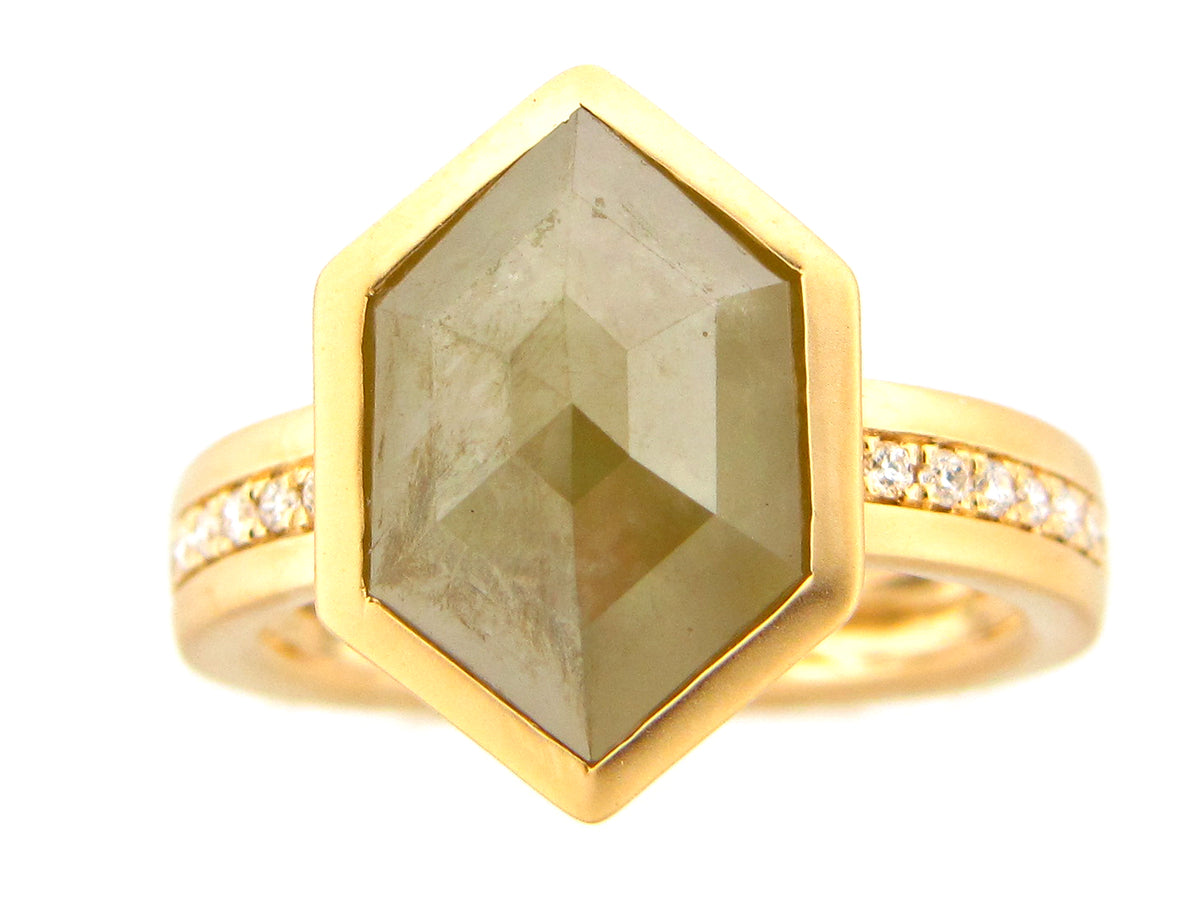 ROSE CUT YELLOW DIAMOND HEXAGON BEZEL RING, SATIN FINISH, 18KY (N)