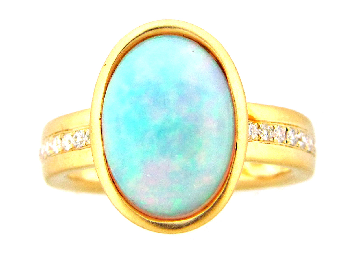 OPAL OVAL BEZEL & DIAMOND RING, SATIN FINISH, 18KY (O)