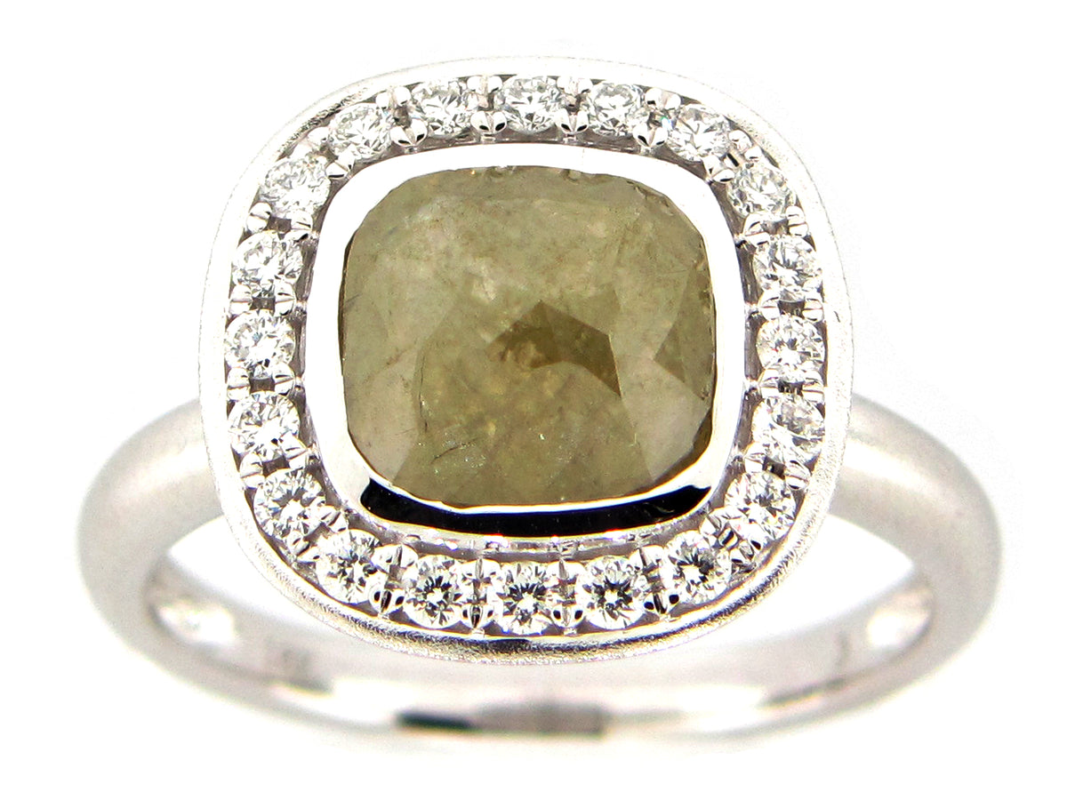 ROSE CUT GRAY GREEN DIAMOND RING, 18KW (N)