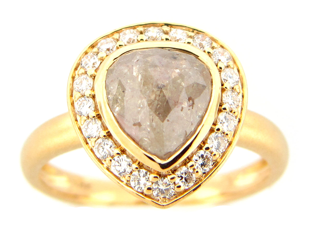 ROSE CUT PEAR GRAY WHITE DIAMOND RING, 18KY (N)