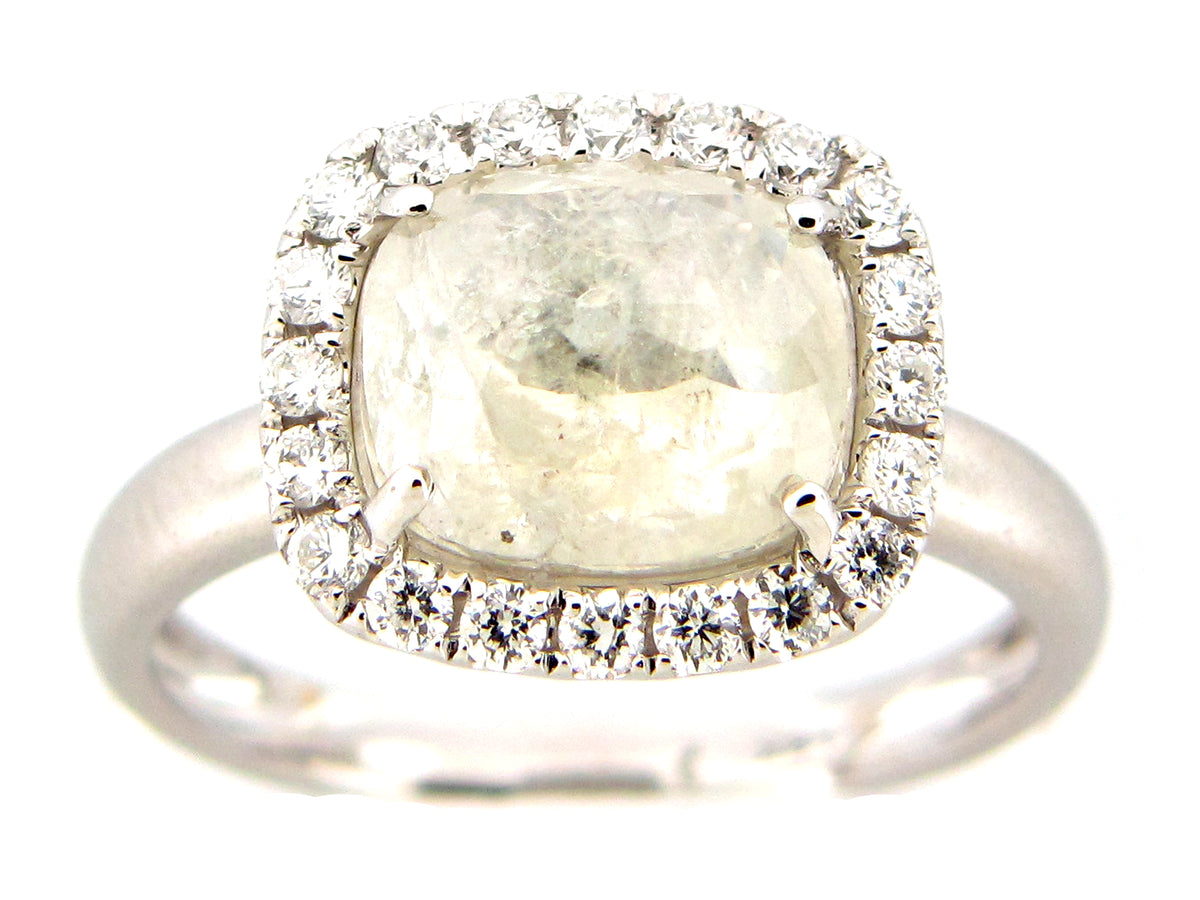ROSE CUT CUSHION GRAY DIAMOND RING, 18KW (N)