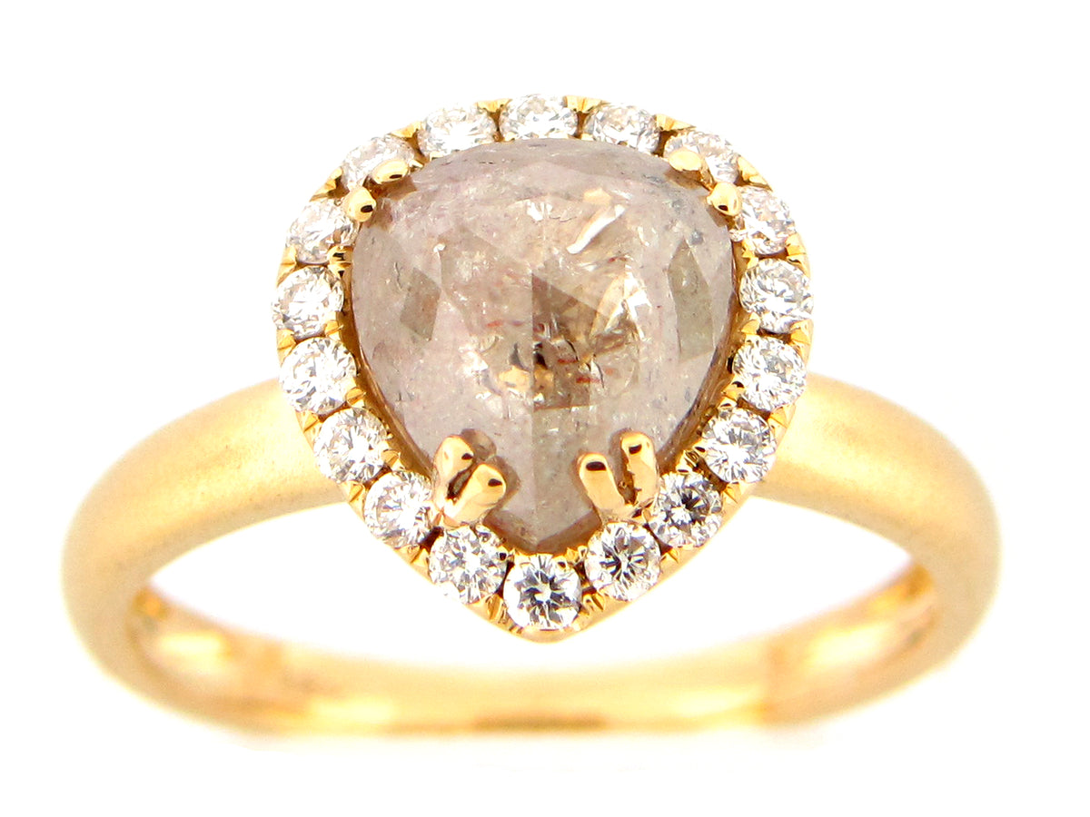 ROSE CUT PEAR GRAY WHITE DIAMOND RING, 18KY (N)