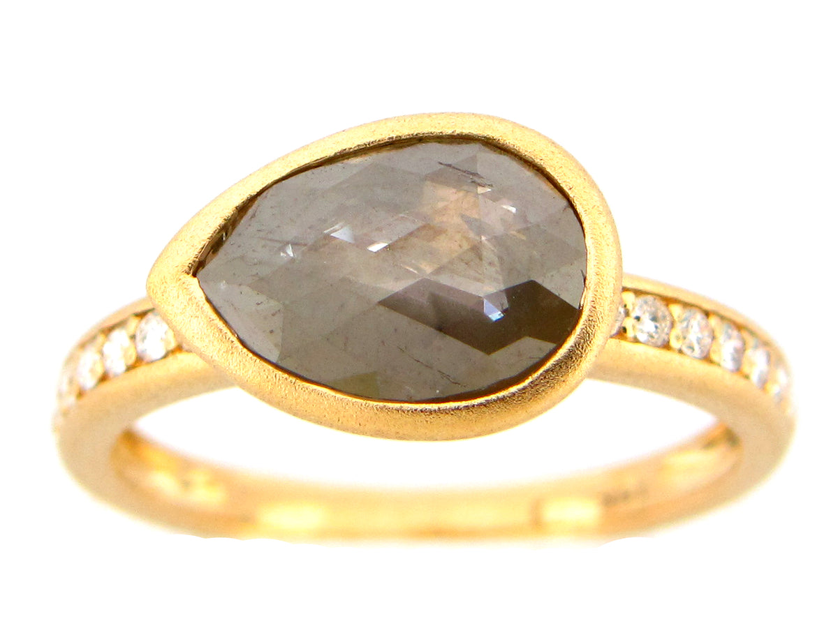 ROSE CUT PEAR GRAY WHITE DIAMOND RING, 18KY (N)
