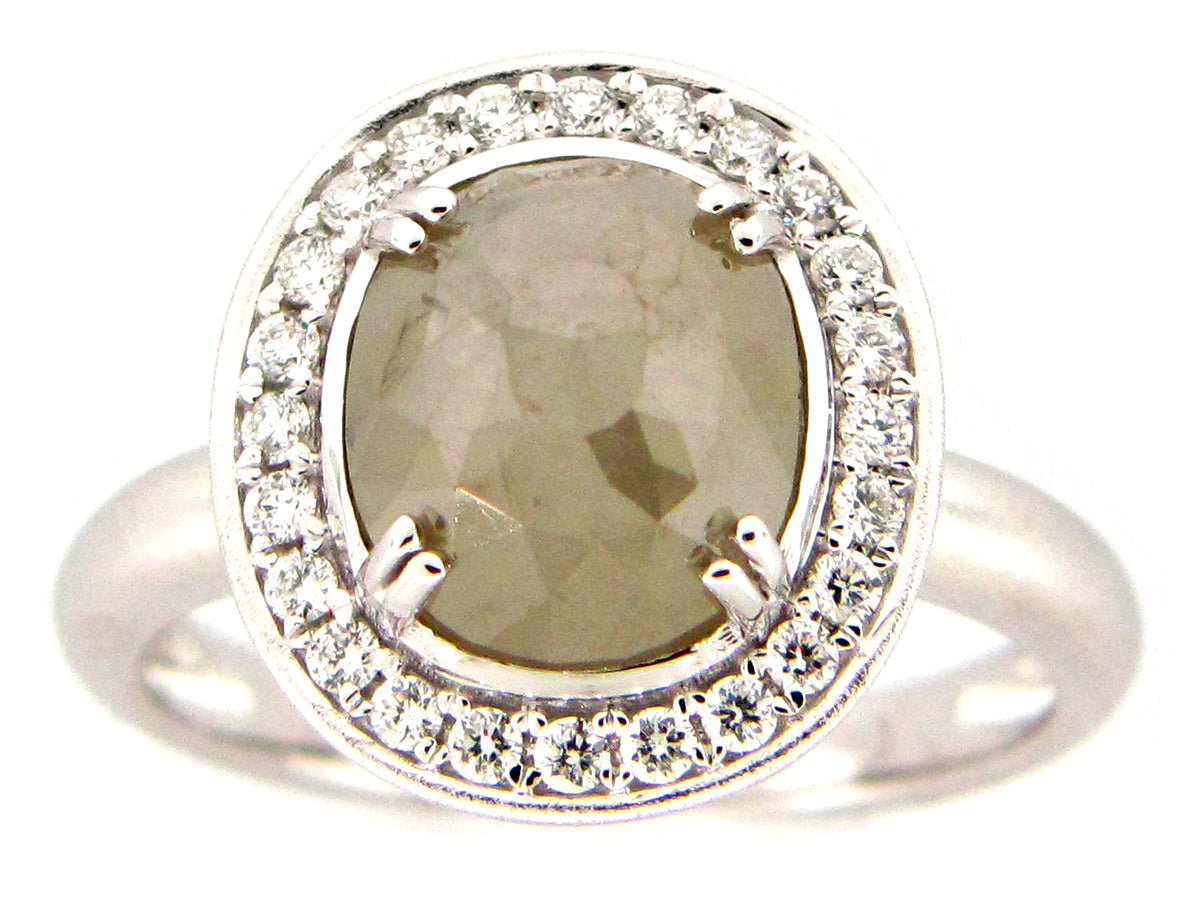 ROSE CUT GRAY GREEN DIAMOND RING, 18KW (N)
