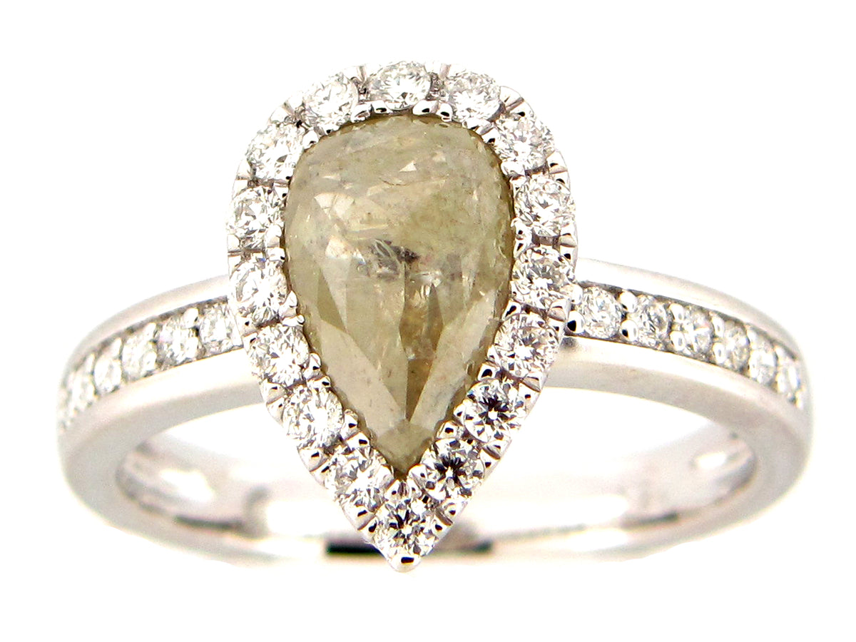 ROSE CUT GRAY PEAR DIAMOND HALO RING, 18KW (N)